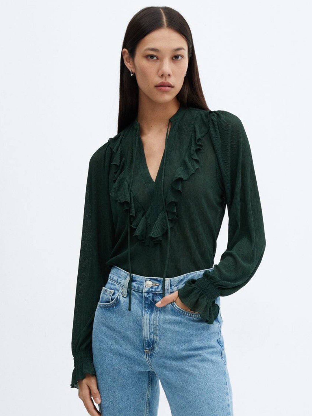 

MANGO Tie-Up Neck Ruffles Top, Green