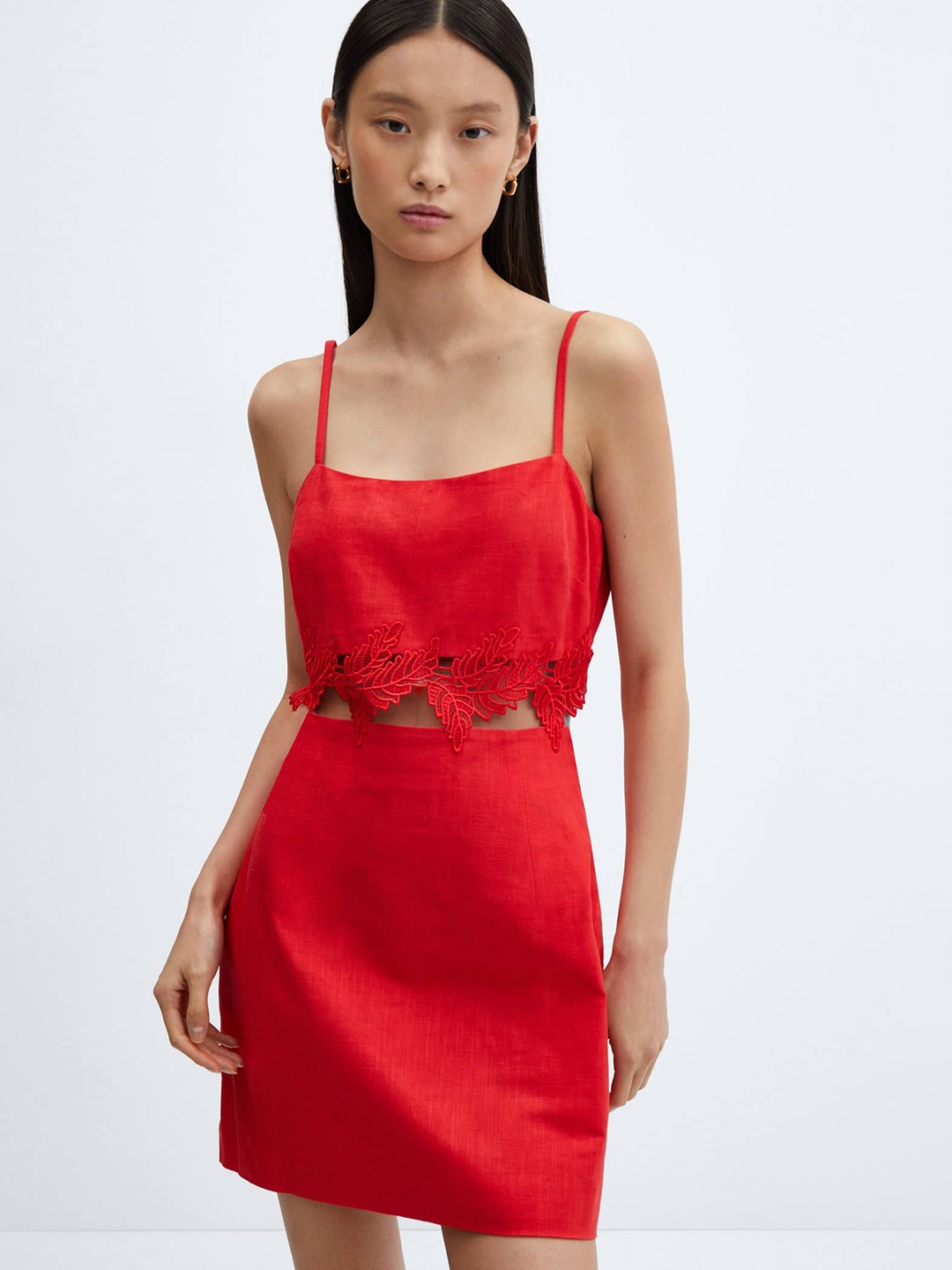 

MANGO Embroidered Detail Cotton A-Line Mini Dress, Red