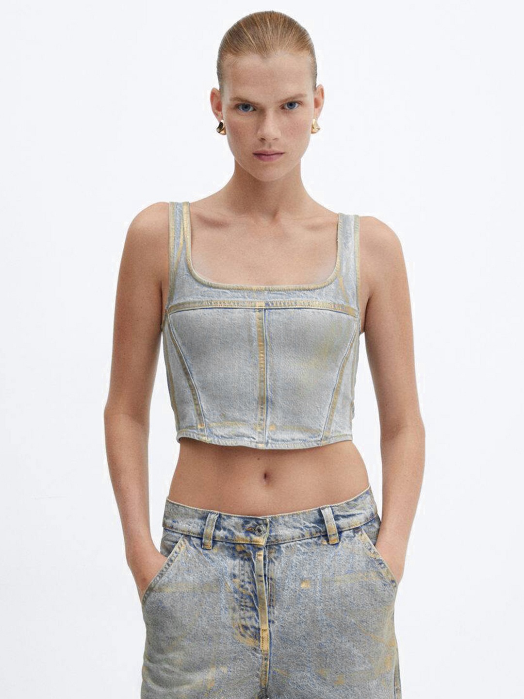 

MANGO Pure Cotton Crop Top, Blue