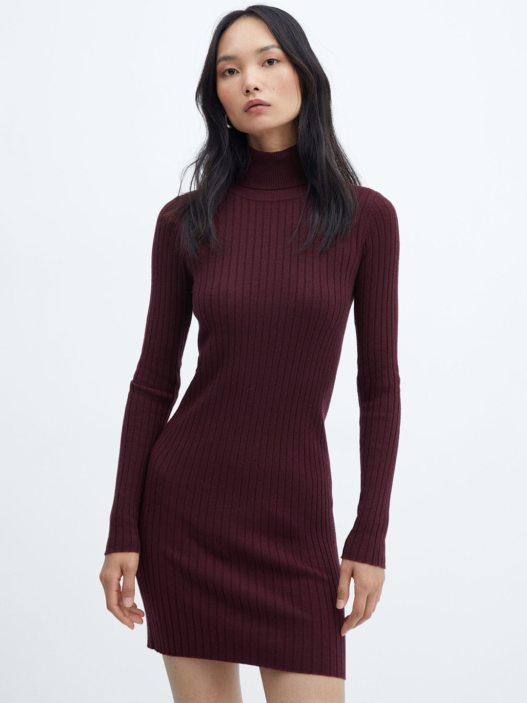 

MANGO Bodycon High Neck Ribbed Mini Dress, Maroon