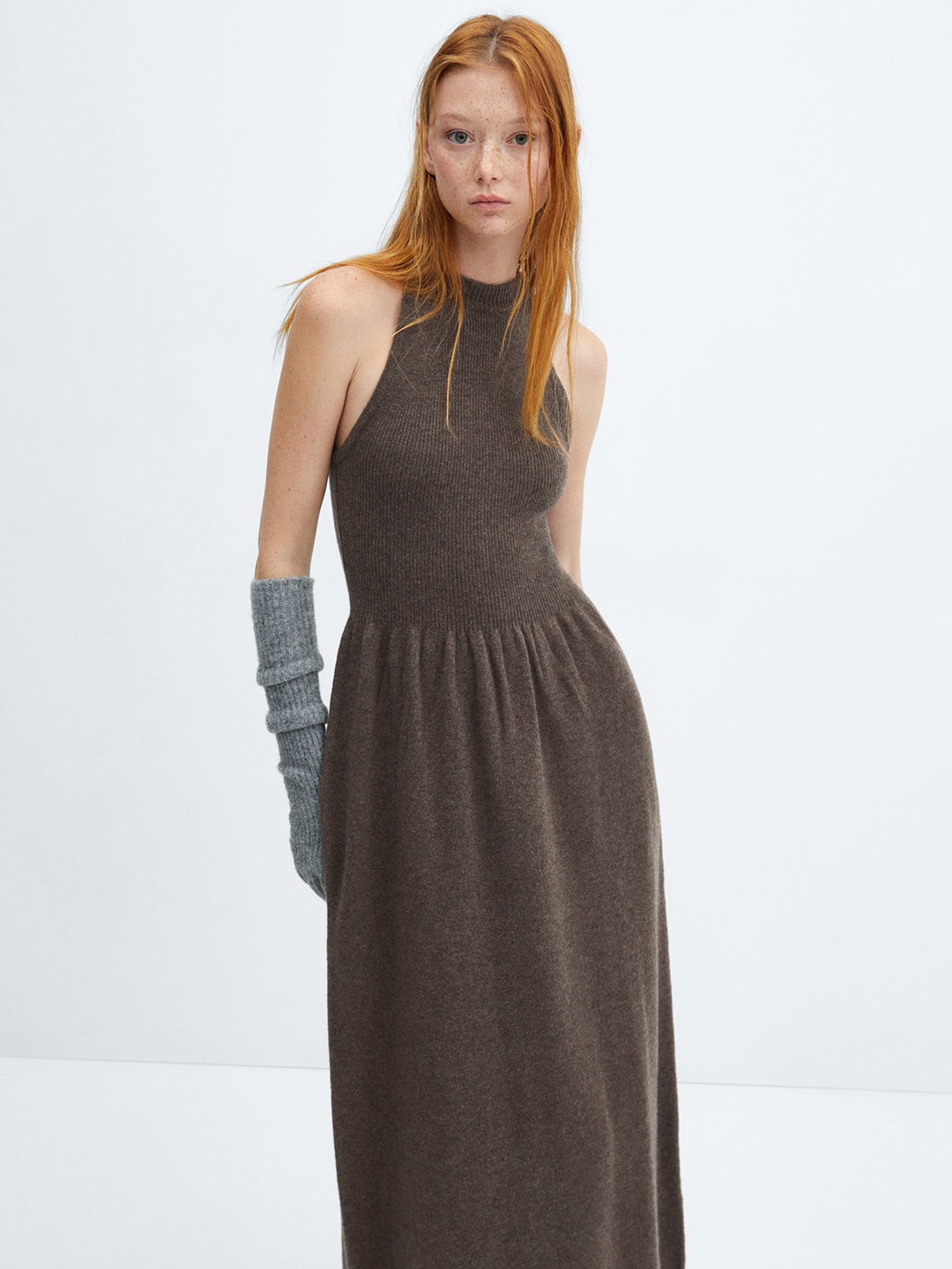 

MANGO Fit & Flare Halter-Neck Wool Maxi Dress, Brown