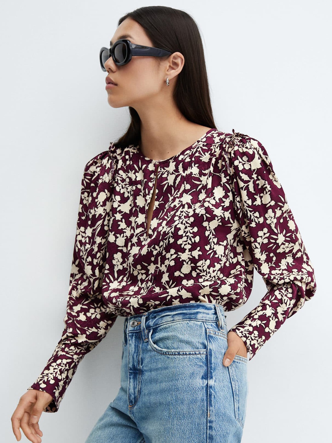 

MANGO Floral Print Regular Top, Burgundy