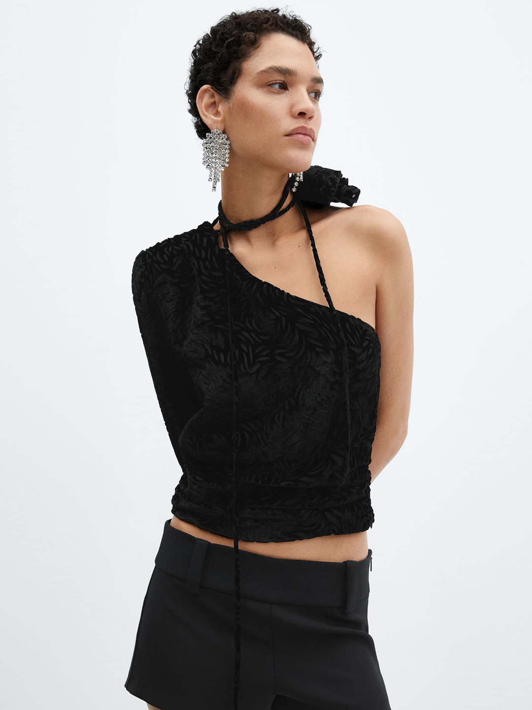 

MANGO One-Shoulder Velvet Top With Floral Tie-Up, Black