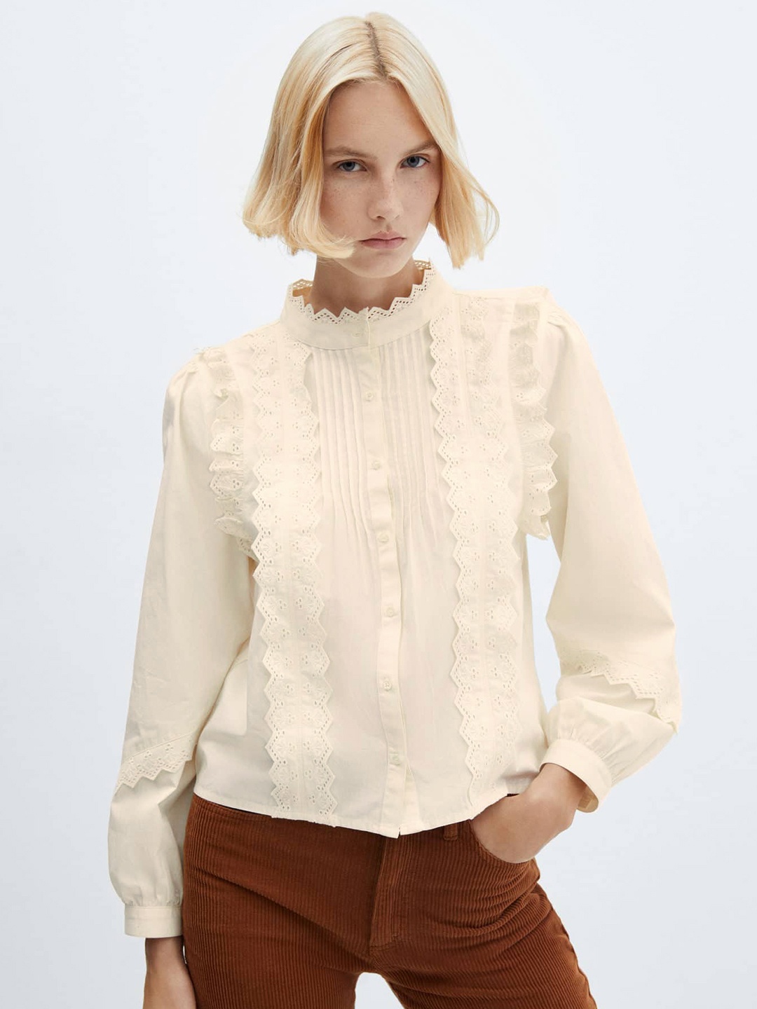 

MANGO Cotton Pleated Ruffled Schiffli Detail Shirt, Cream