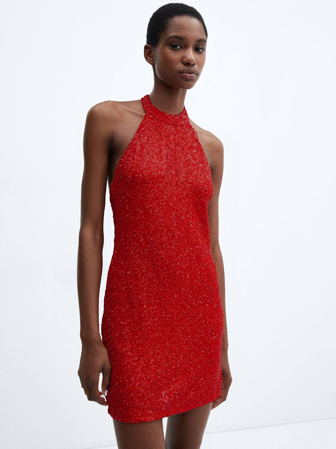 

MANGO Halter Neck Sheath Mini Embellished Dress, Red