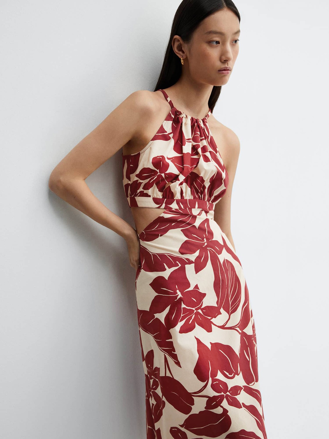 

MANGO Cotton Floral Print Cut-Out A-Line Midi Dress, Maroon