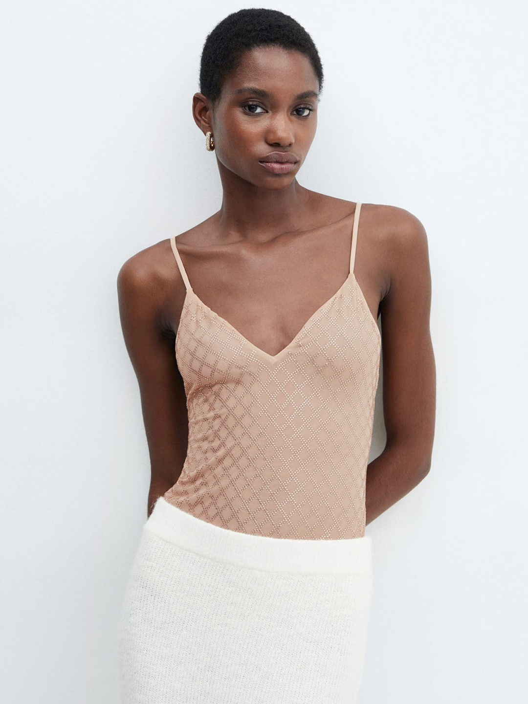 

MANGO Embellished Camisole Style Bodysuit, Beige