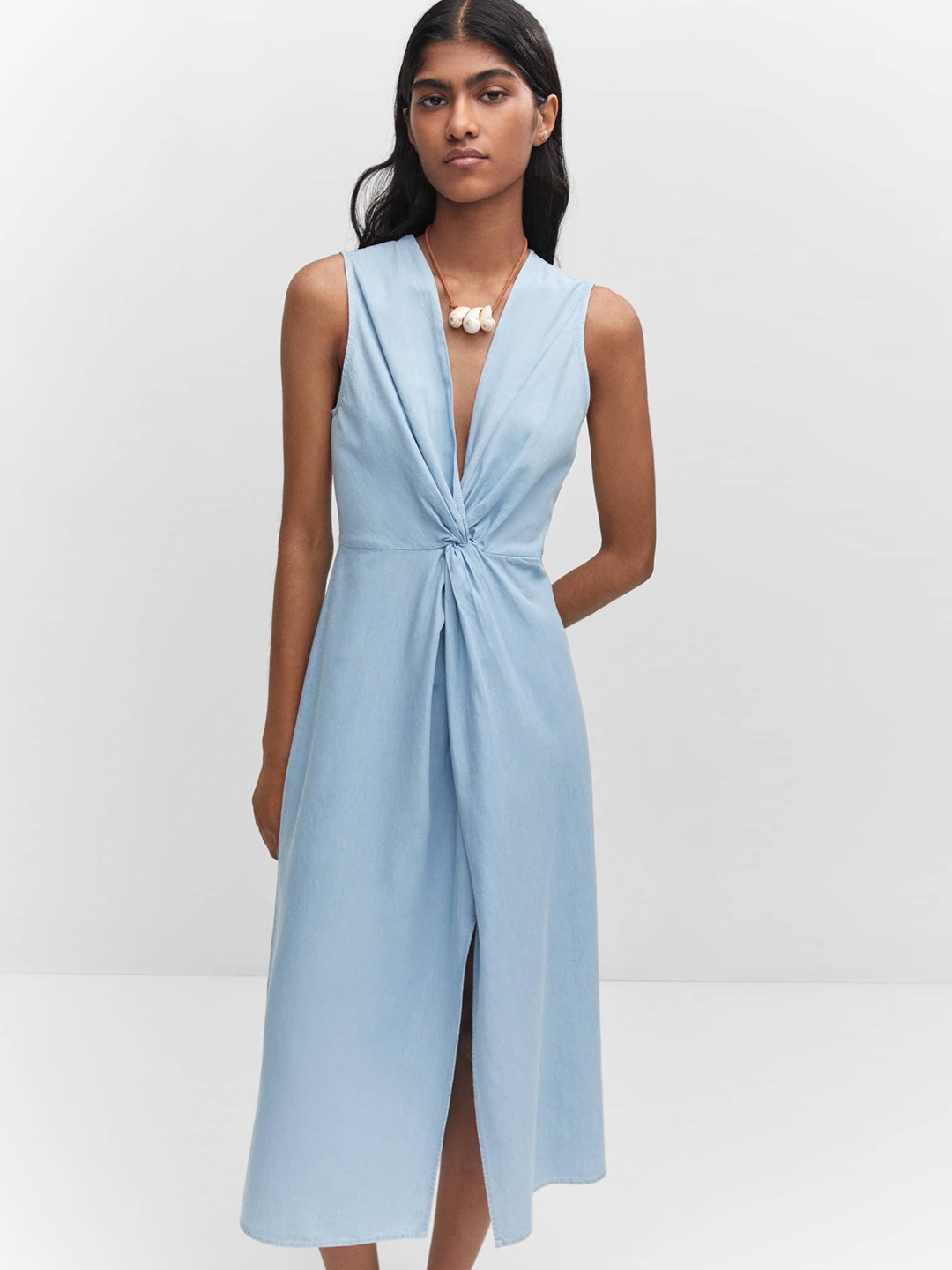 

MANGO A-Line Pure Cotton Twisted Detail Midi Dress, Blue