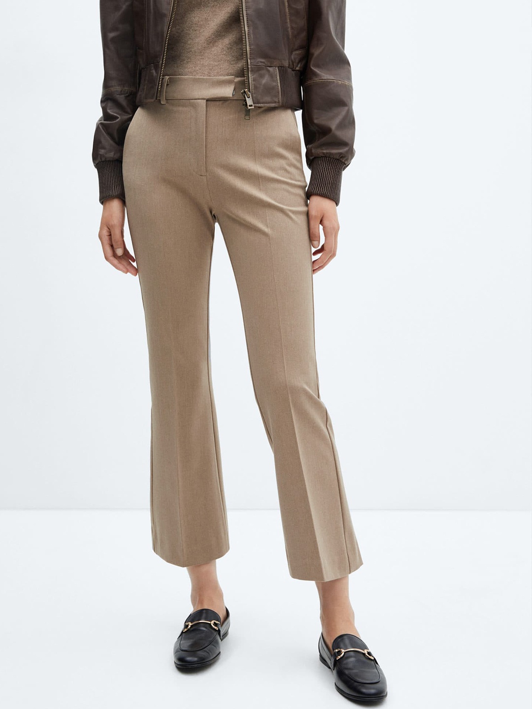 

MANGO Women Cropped Flared Trousers, Beige