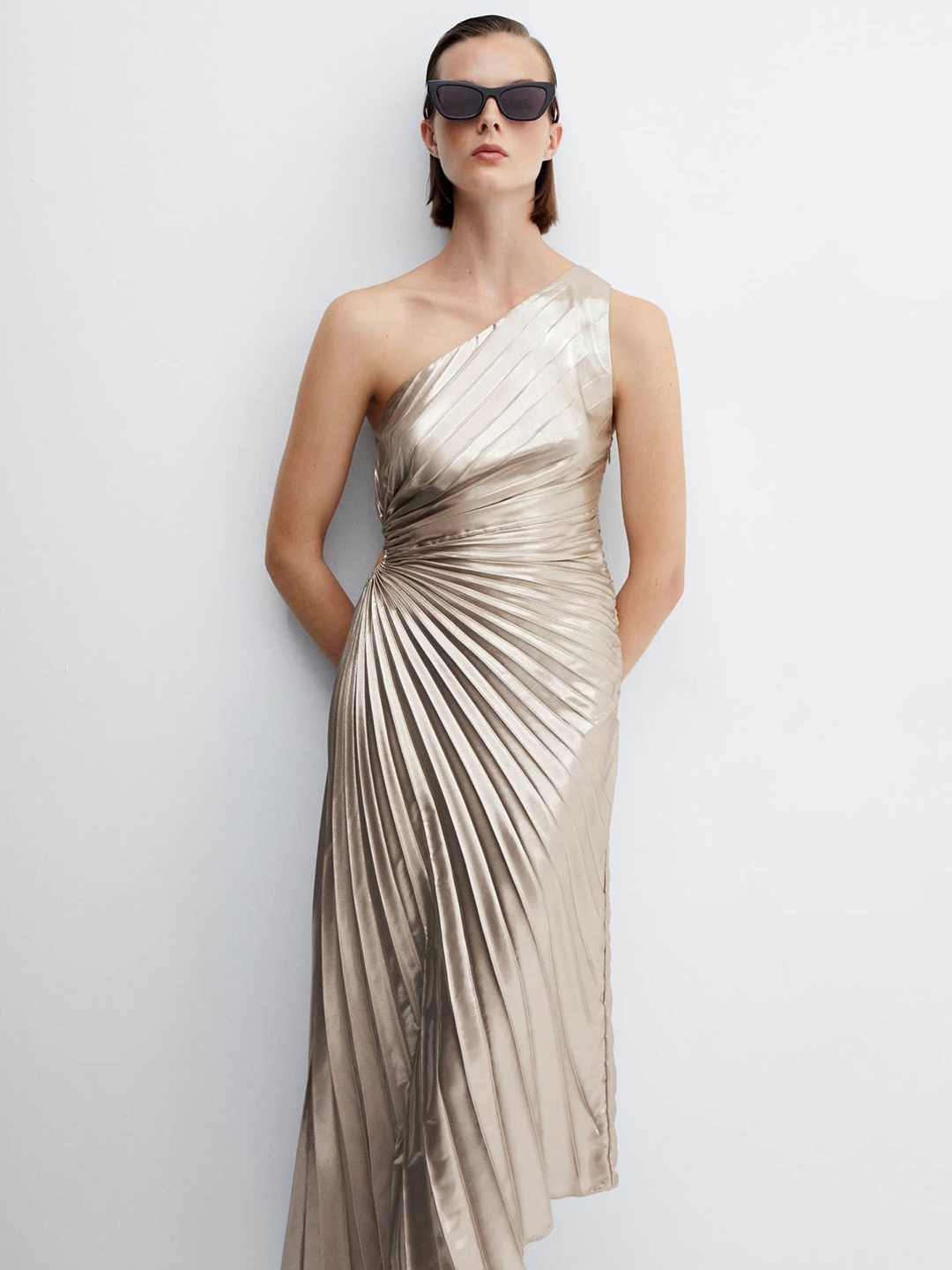 

MANGO Accordion Pleated Asymmetric Maxi Dress, Silver