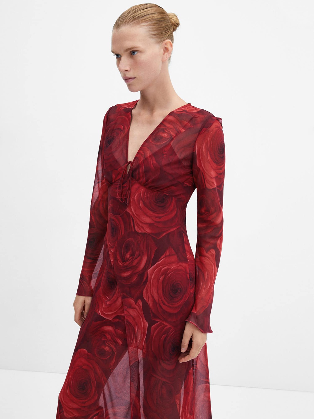 

MANGO Floral Print Semi Sheer Chiffon A-Line Midi Dress, Red