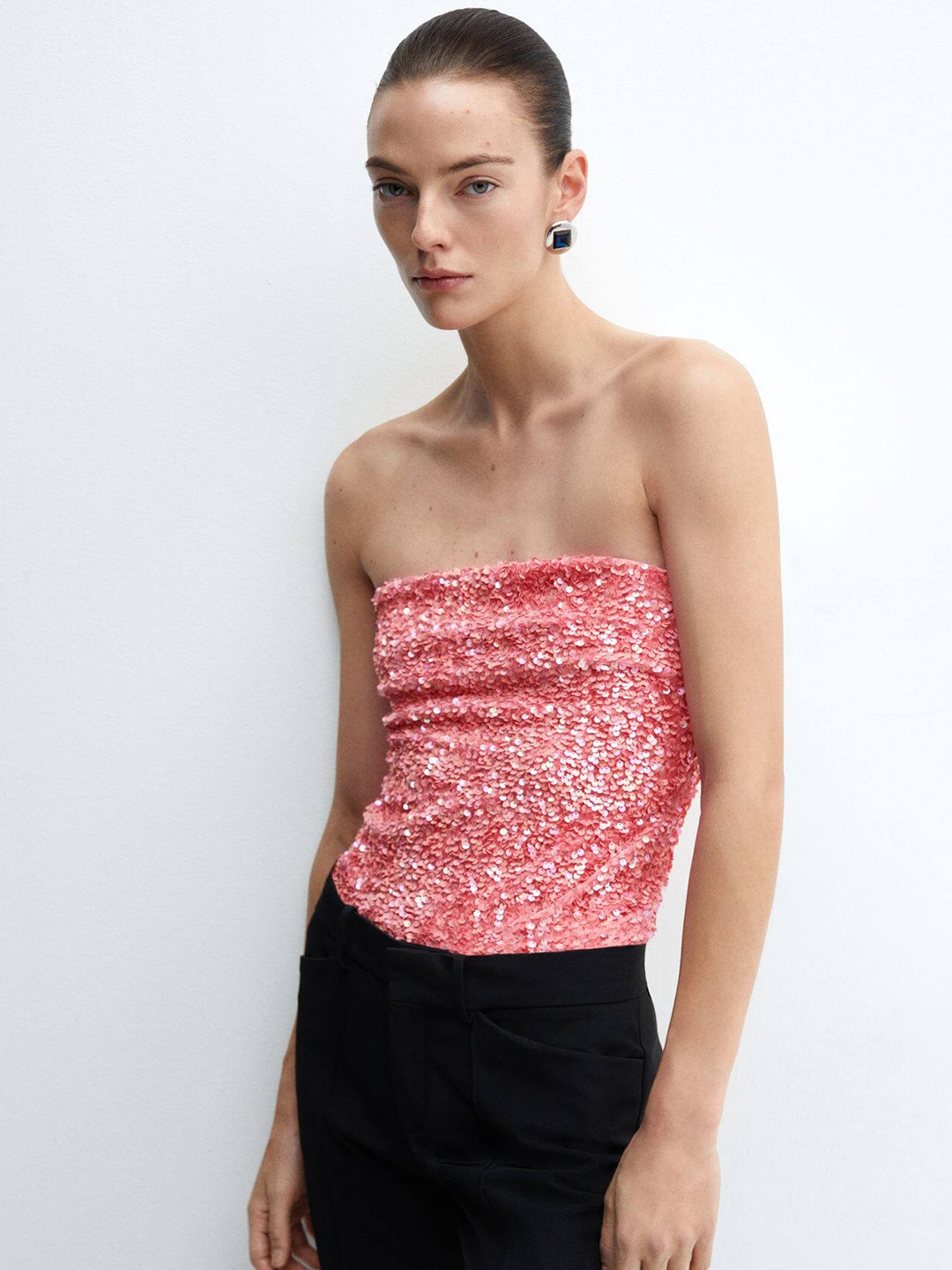 

MANGO Sequinned Strapless Bodysuit, Pink