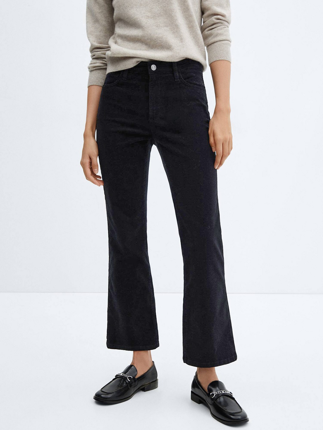 

MANGO Women Flared High-Rise Corduroy Trousers, Black