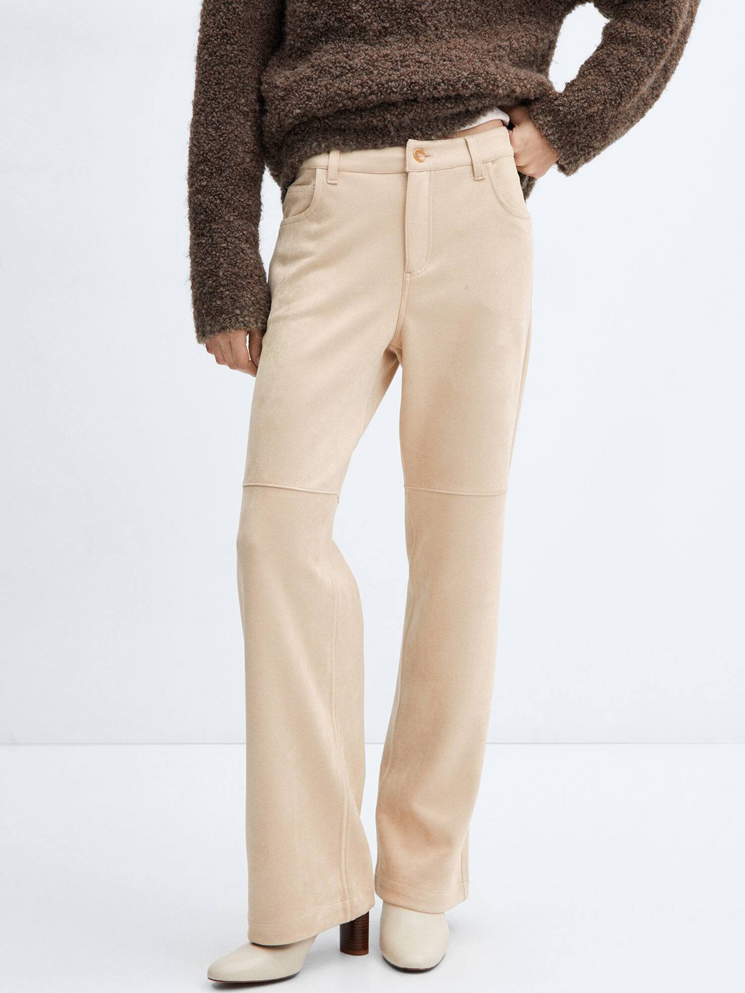 

MANGO Women Straight Fit Faux Suede Trousers With Seam Detail, Beige