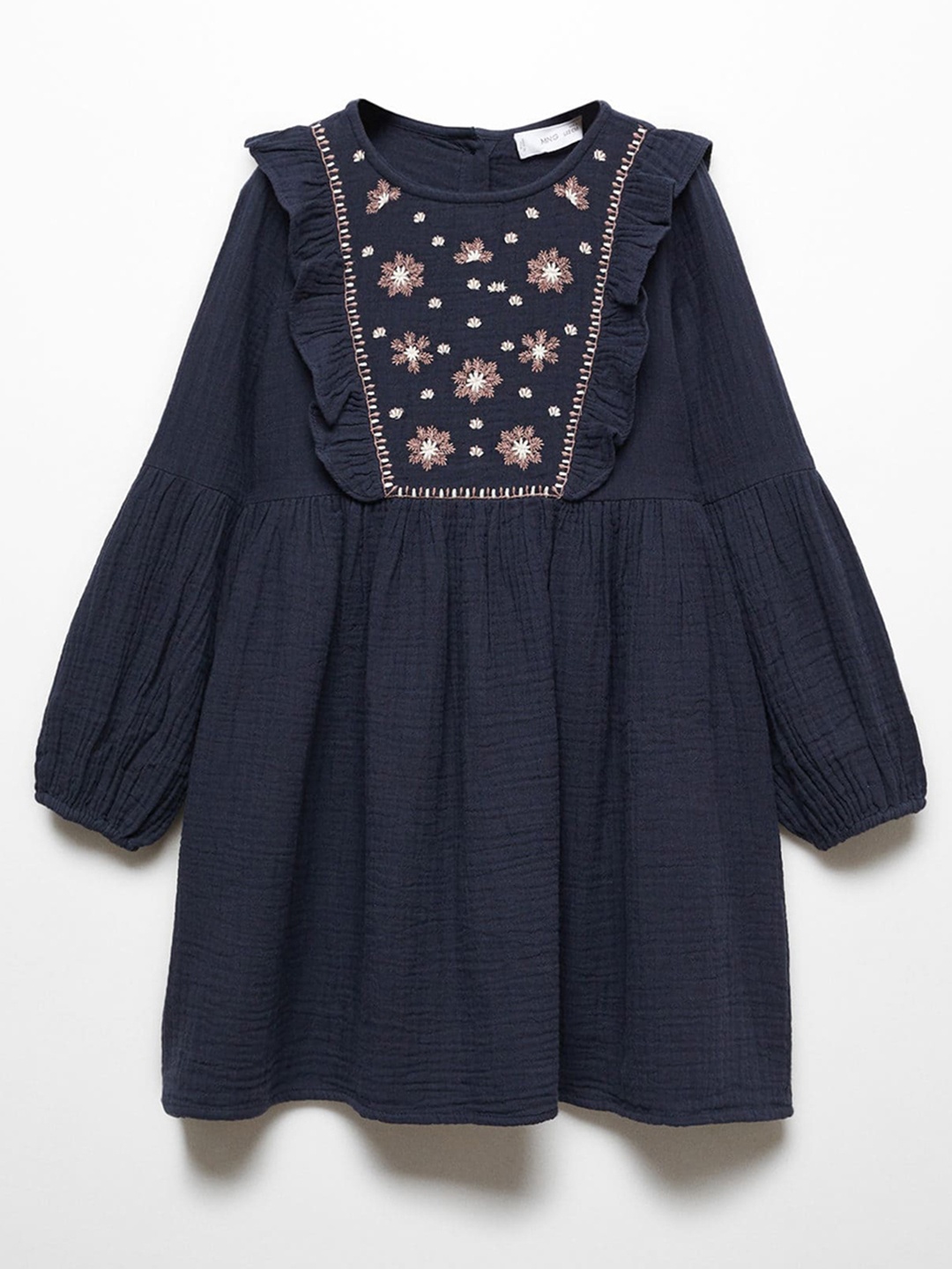 

Mango Kids Floral Embroidered Puff Sleeve A-Line Dress, Navy blue