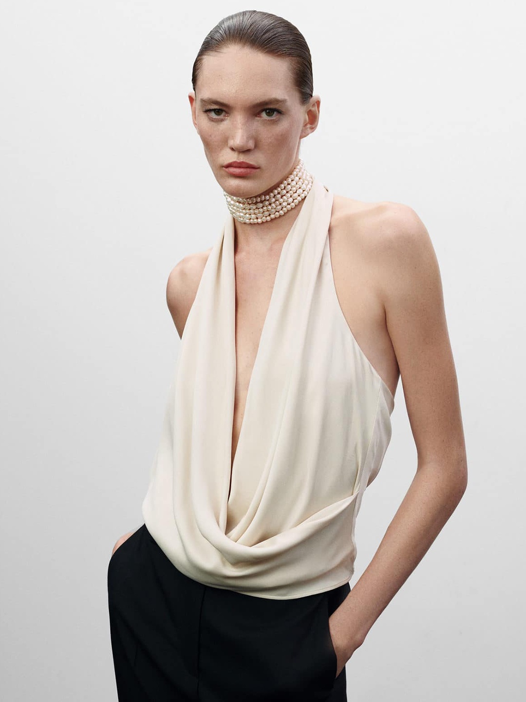 

MANGO Draped Satin Top, Off white