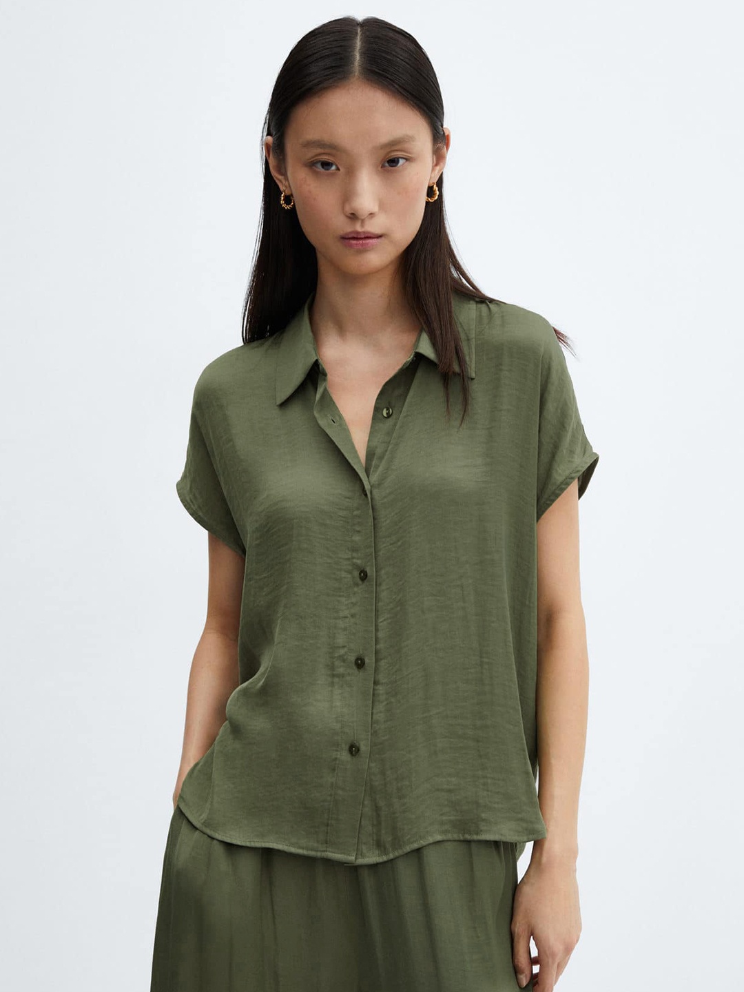 

MANGO Satin Finish Casual Shirt, Olive