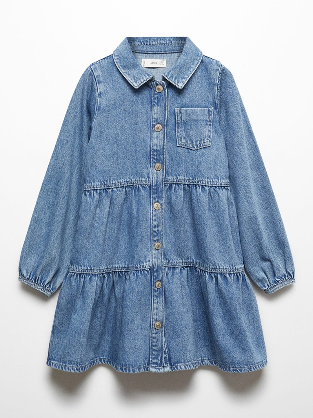 

Mango Kids Girls Puff Sleeve Denim Cotton A-Line Dress, Blue