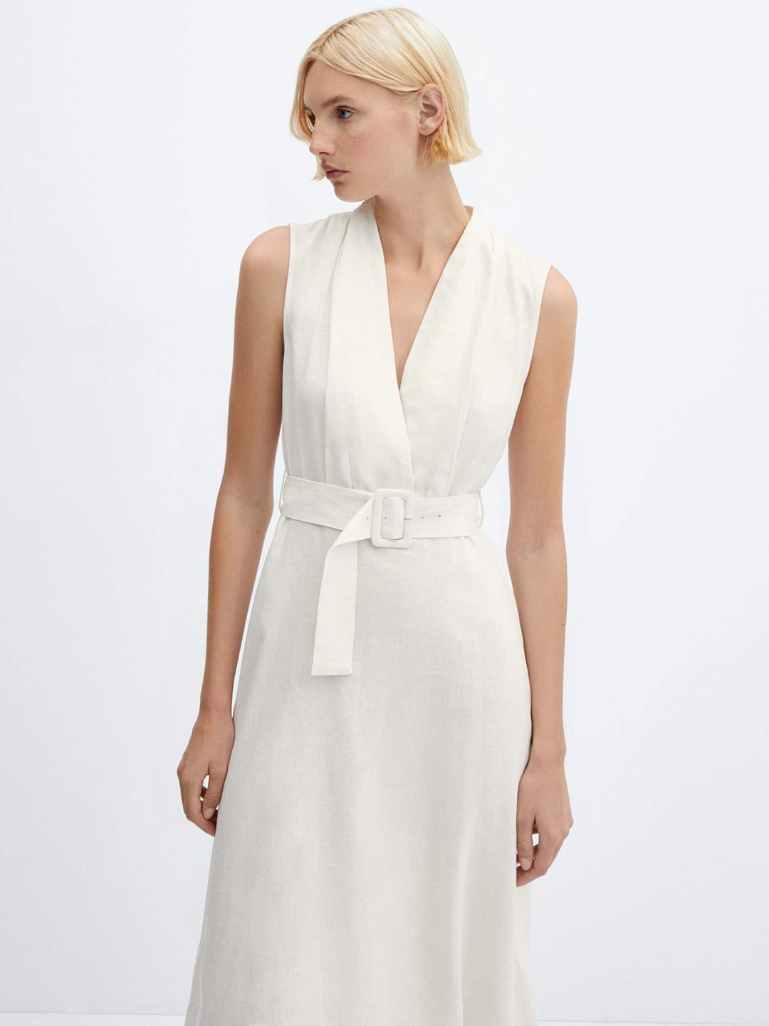 

MANGO Linen Midi Wrap Style Dress with Belt, Off white