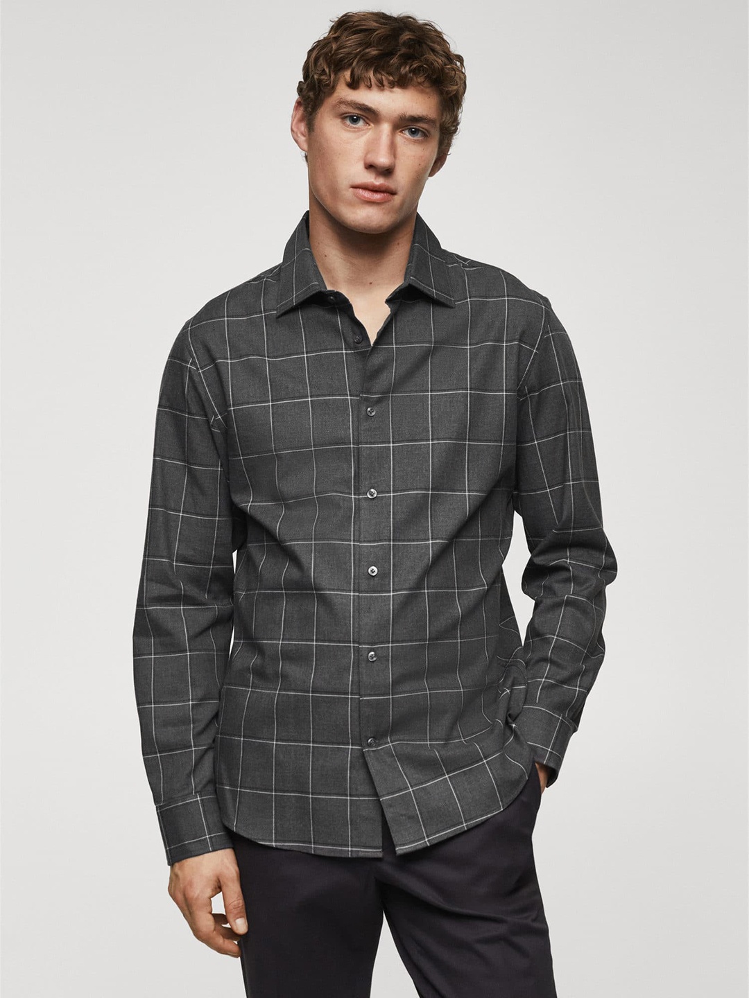 

MANGO MAN Smart Collection Windowpane Checks Cotton Flannel Shirt, Charcoal