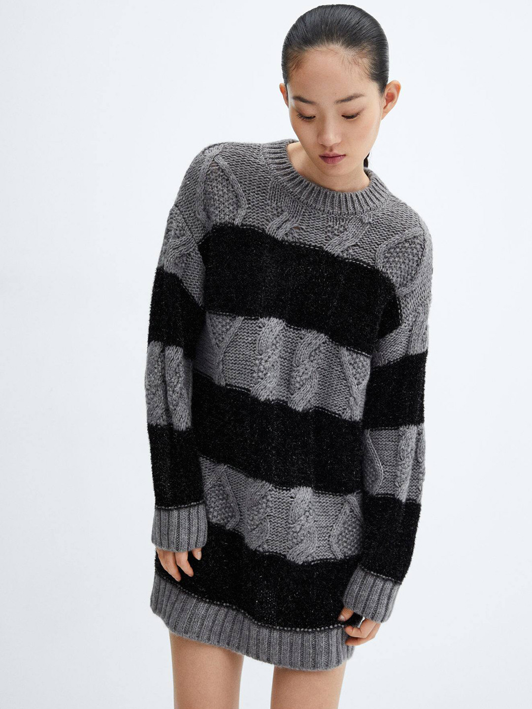 

MANGO Striped Cable Knit Sweater Mini Dress, Grey
