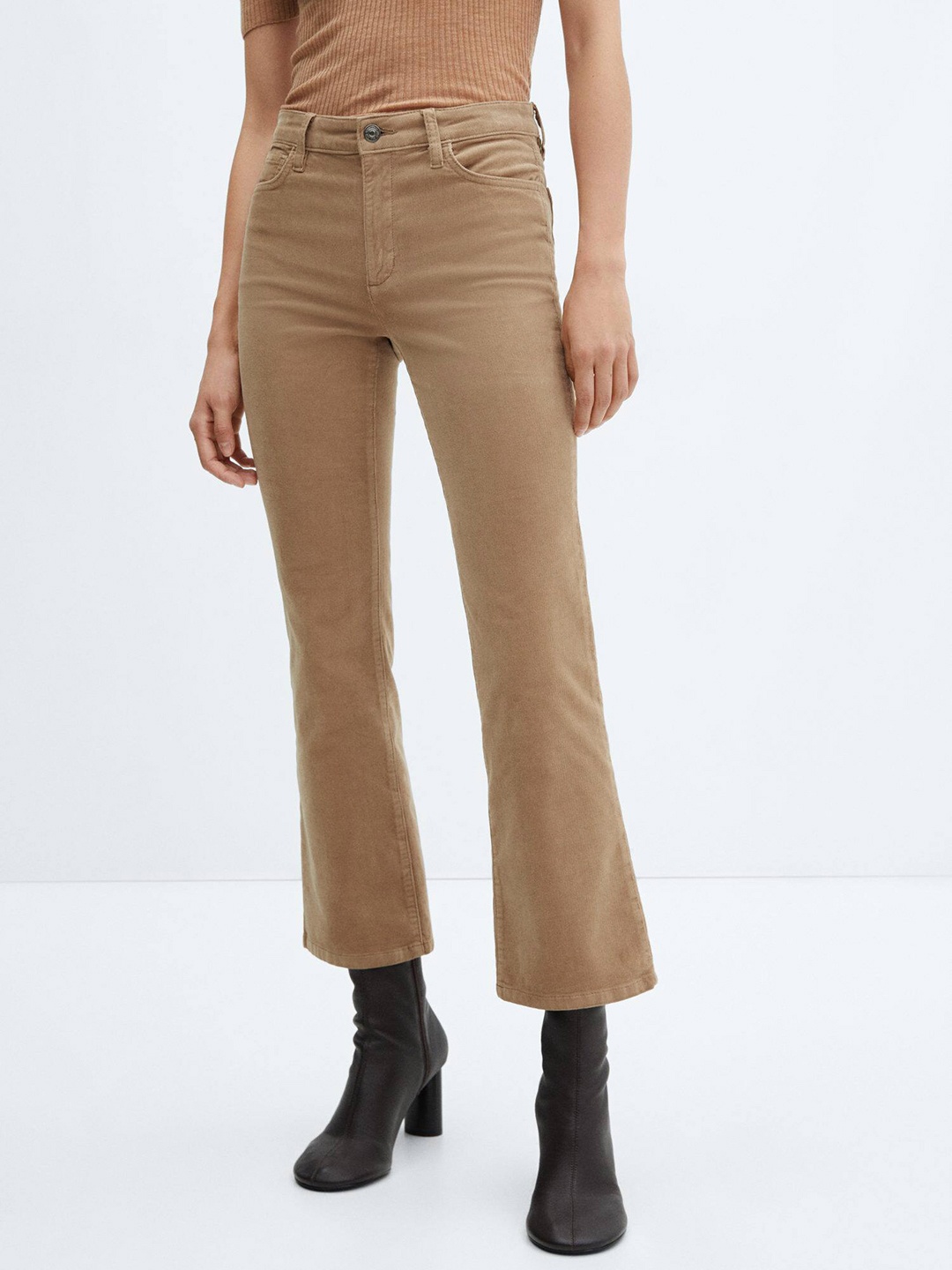 

MANGO Women Flared High-Rise Corduroy Trousers, Beige