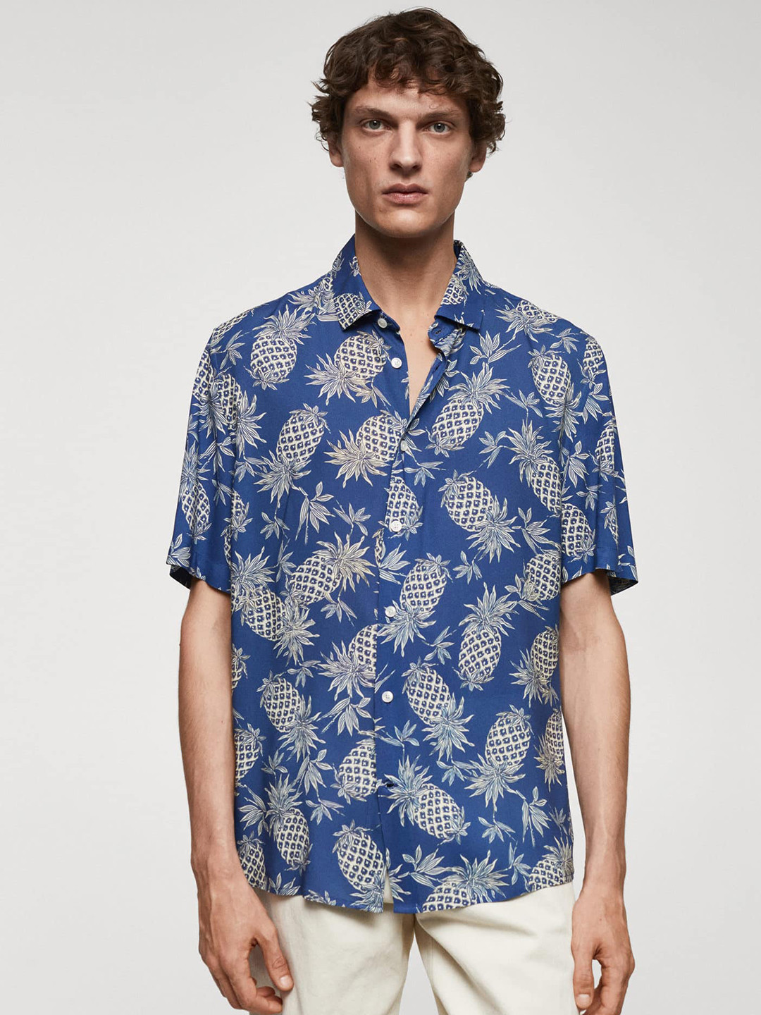 

MANGO MAN Short Sleeves Printed Casual Shirt, Navy blue