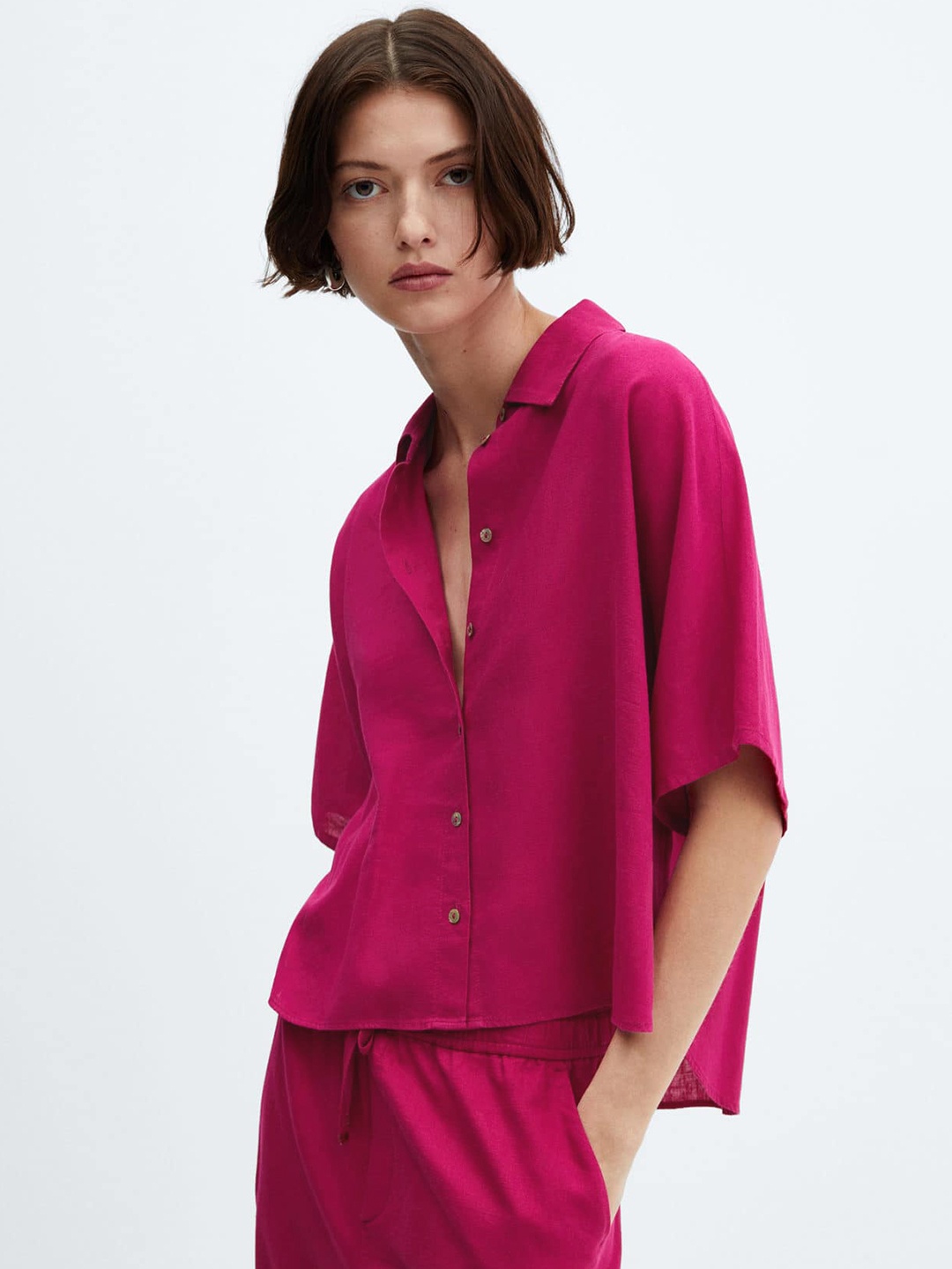 

MANGO Short Sleeve Linen-blend Shirt Shirt, Pink