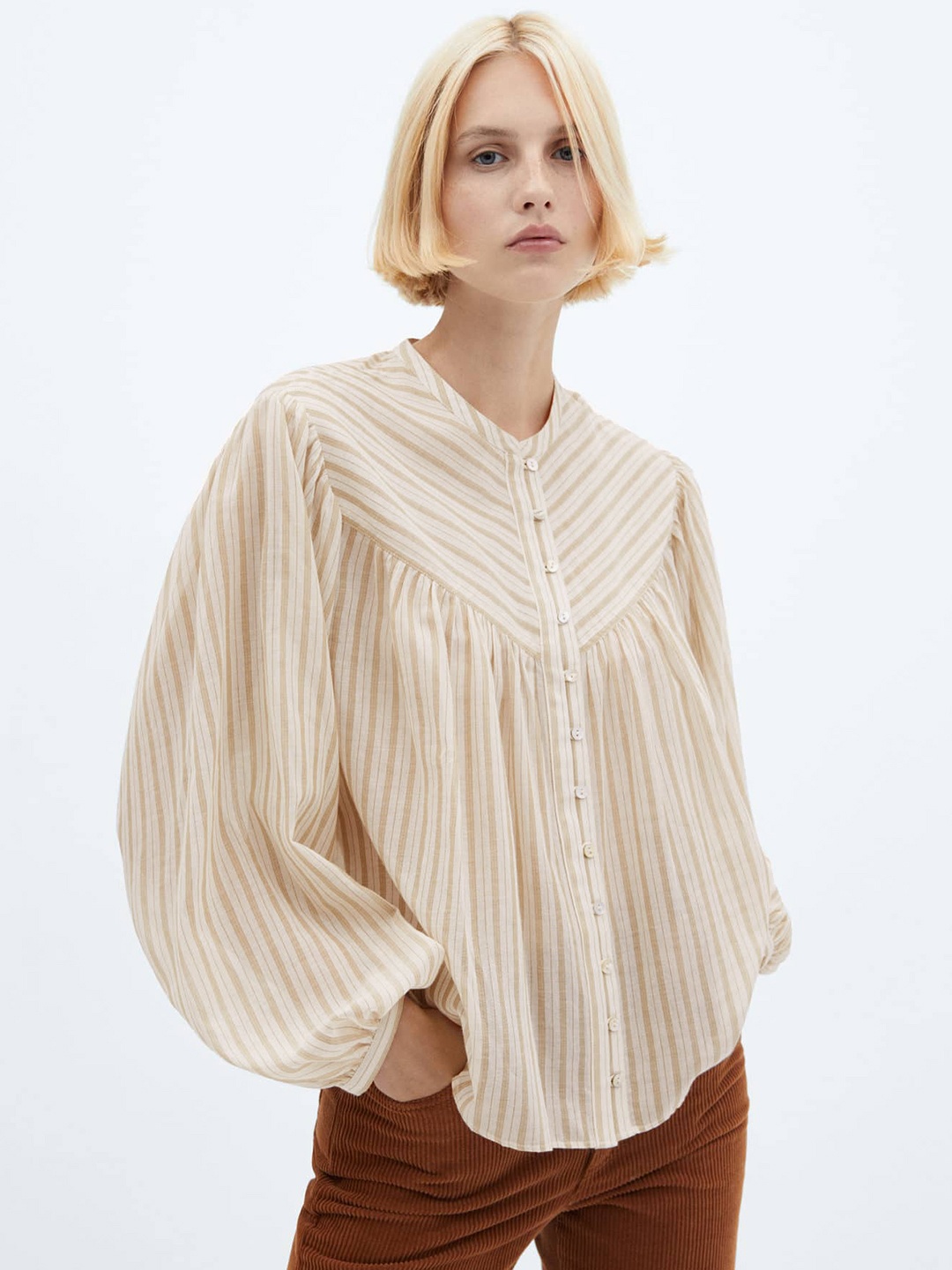 

MANGO Striped Puff Sleeve Cotton Top, Beige