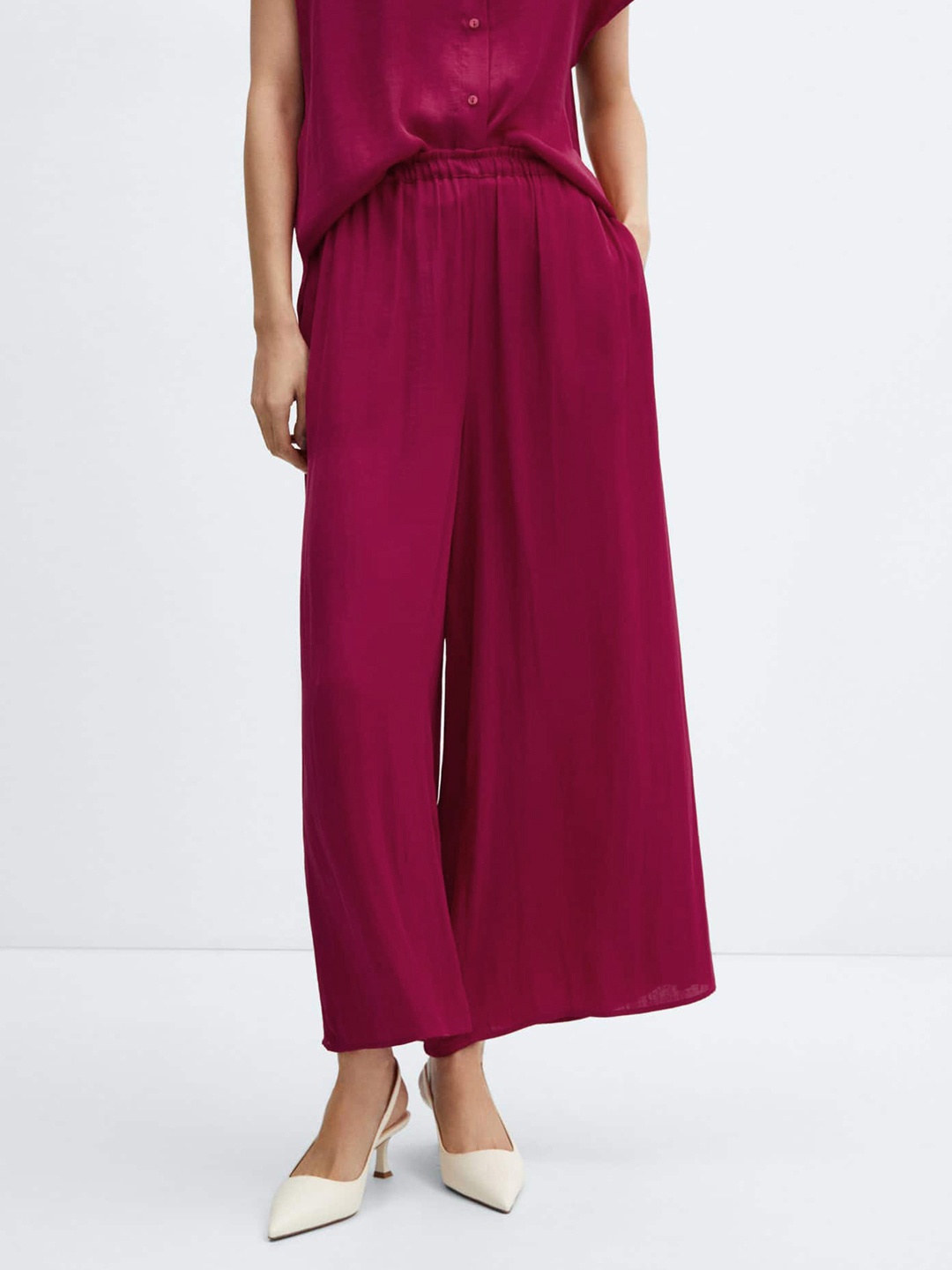 

MANGO Women High-Rise Satin Finish Wide Leg Trousers, Pink