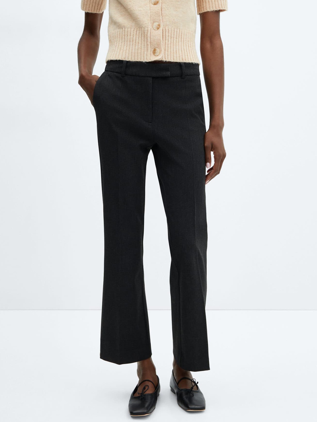 

MANGO Women Cropped Flared Fit Trousers, Charcoal