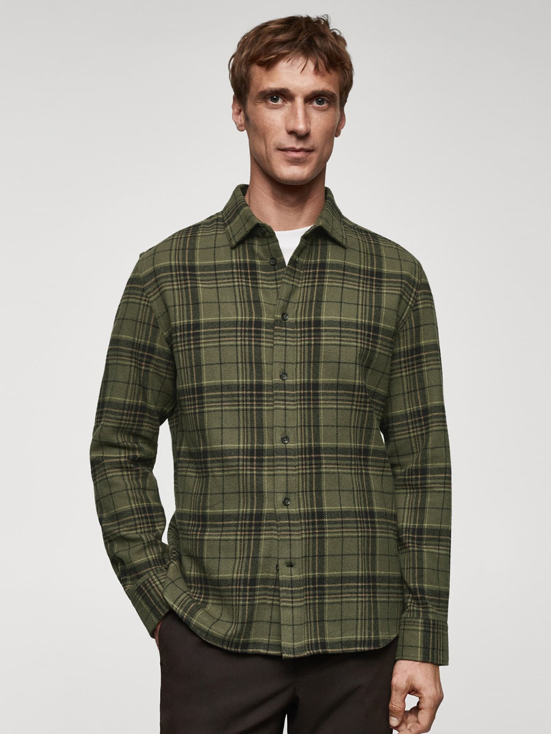 

MANGO MAN Tartan Checked Casual Shirt, Olive