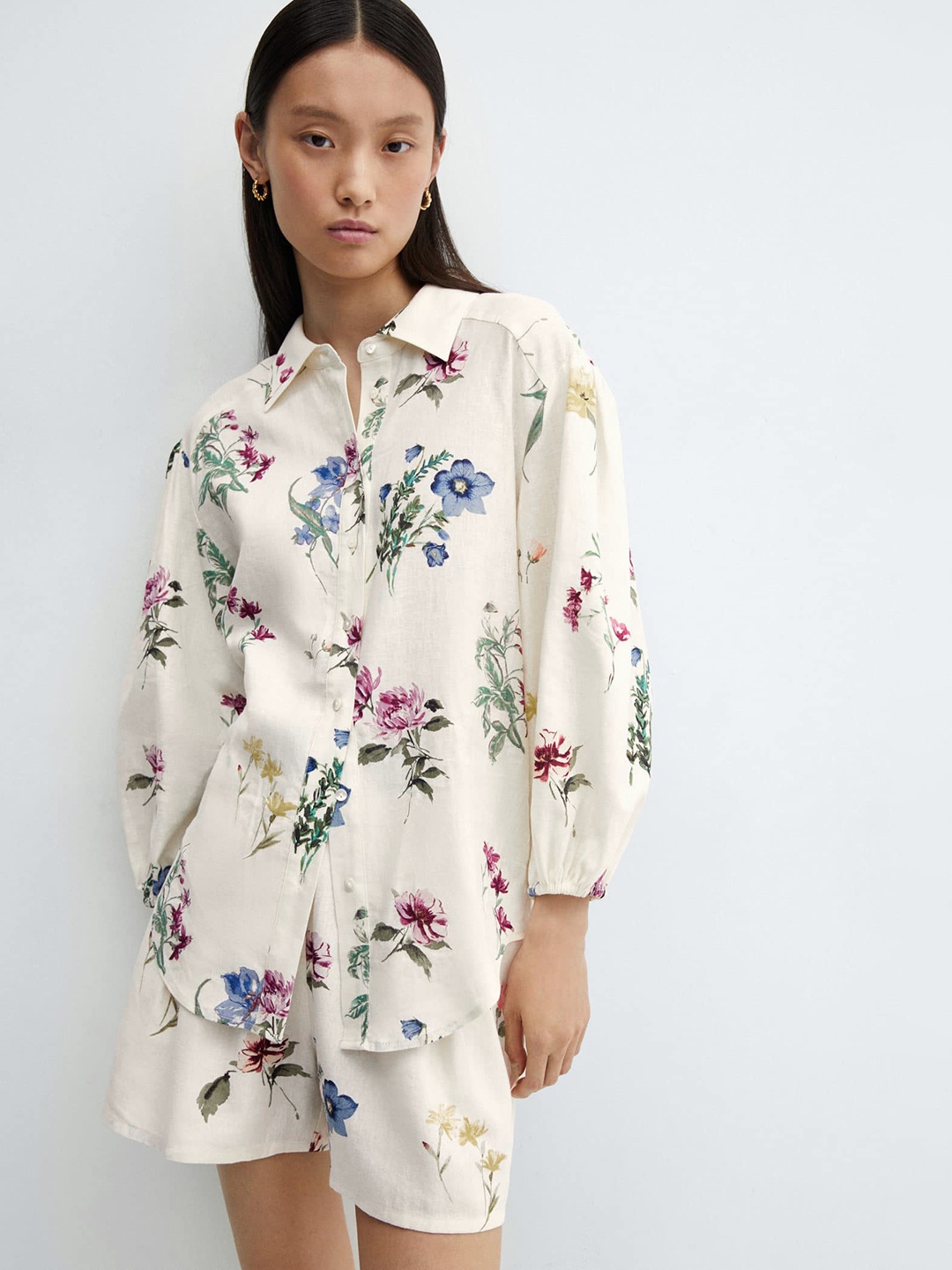 

MANGO Floral Printed Casual Shirt, Cream