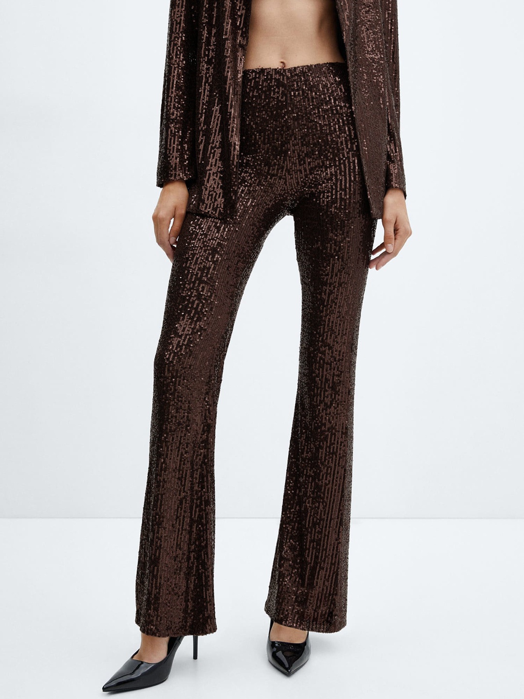 

MANGO Women Embellished Flared Trousers, Brown