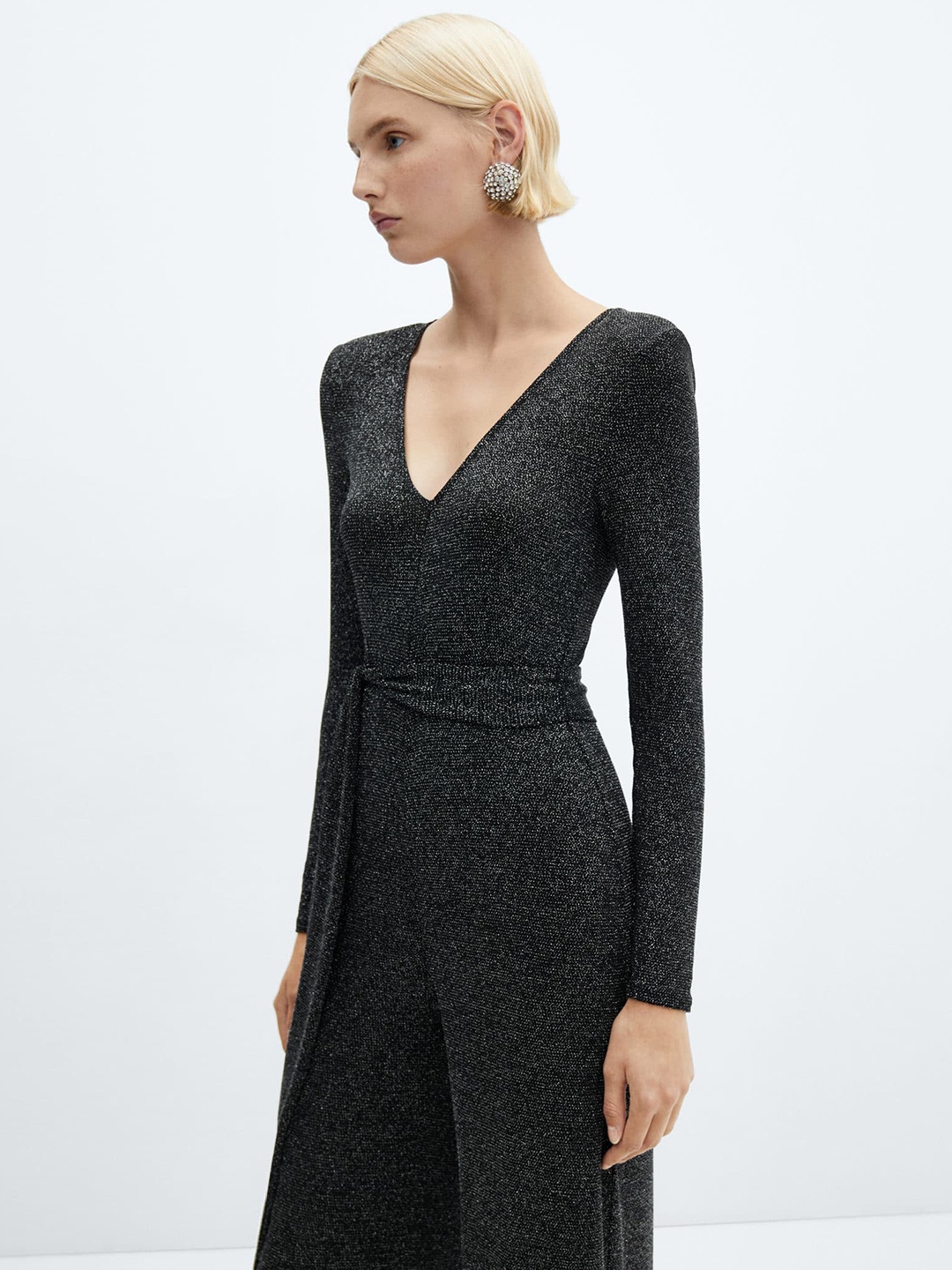 

MANGO Shimmery V-Neck Jumpsuit, Black