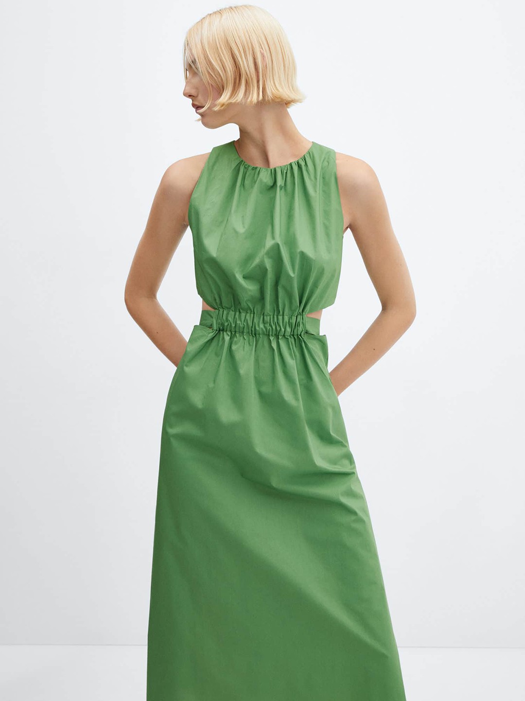 

MANGO Cut Out Detail Elasticated Waist A-Line Midi Dress, Green