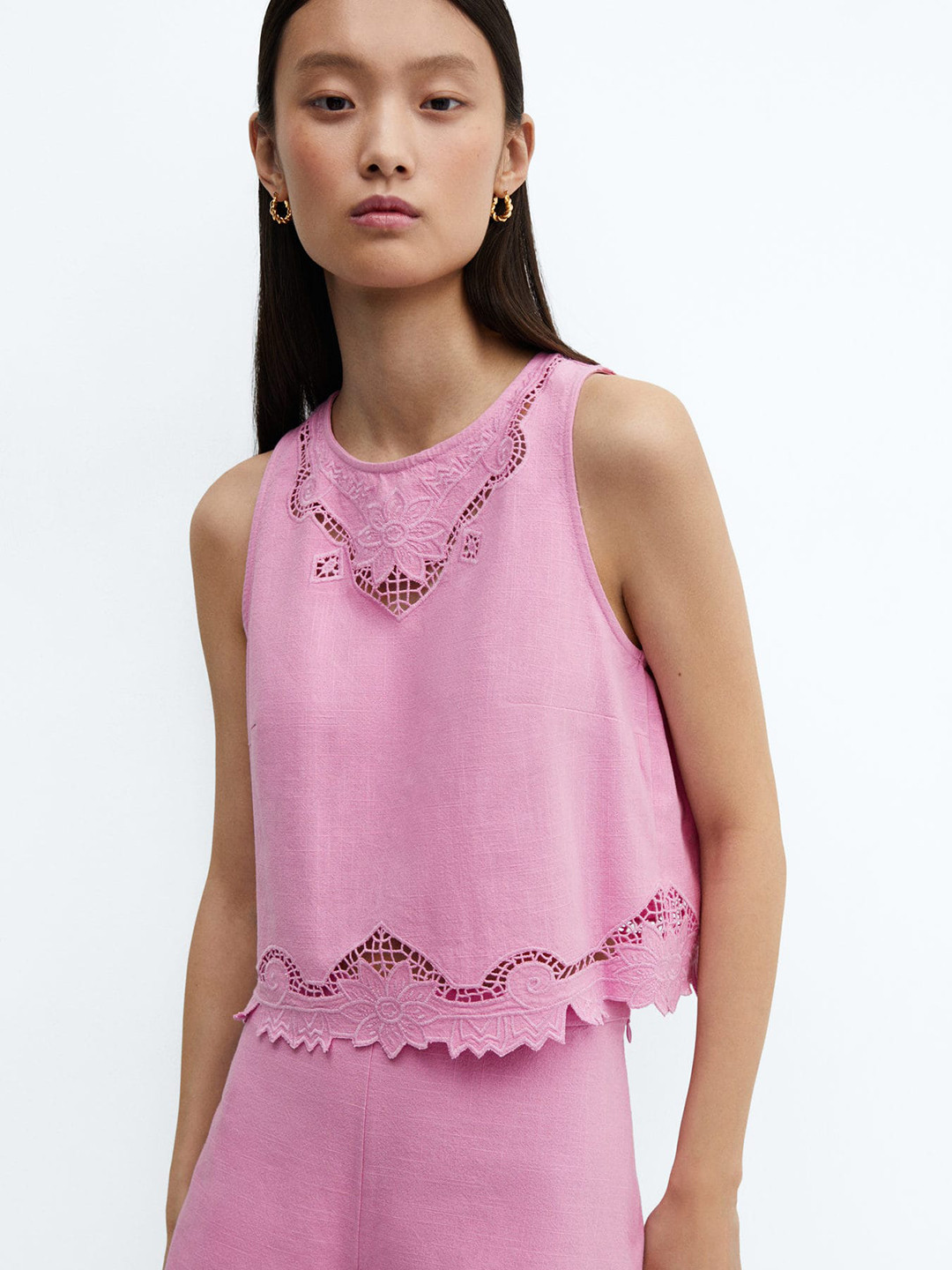 

MANGO Floral Embroidered Cotton Top, Pink