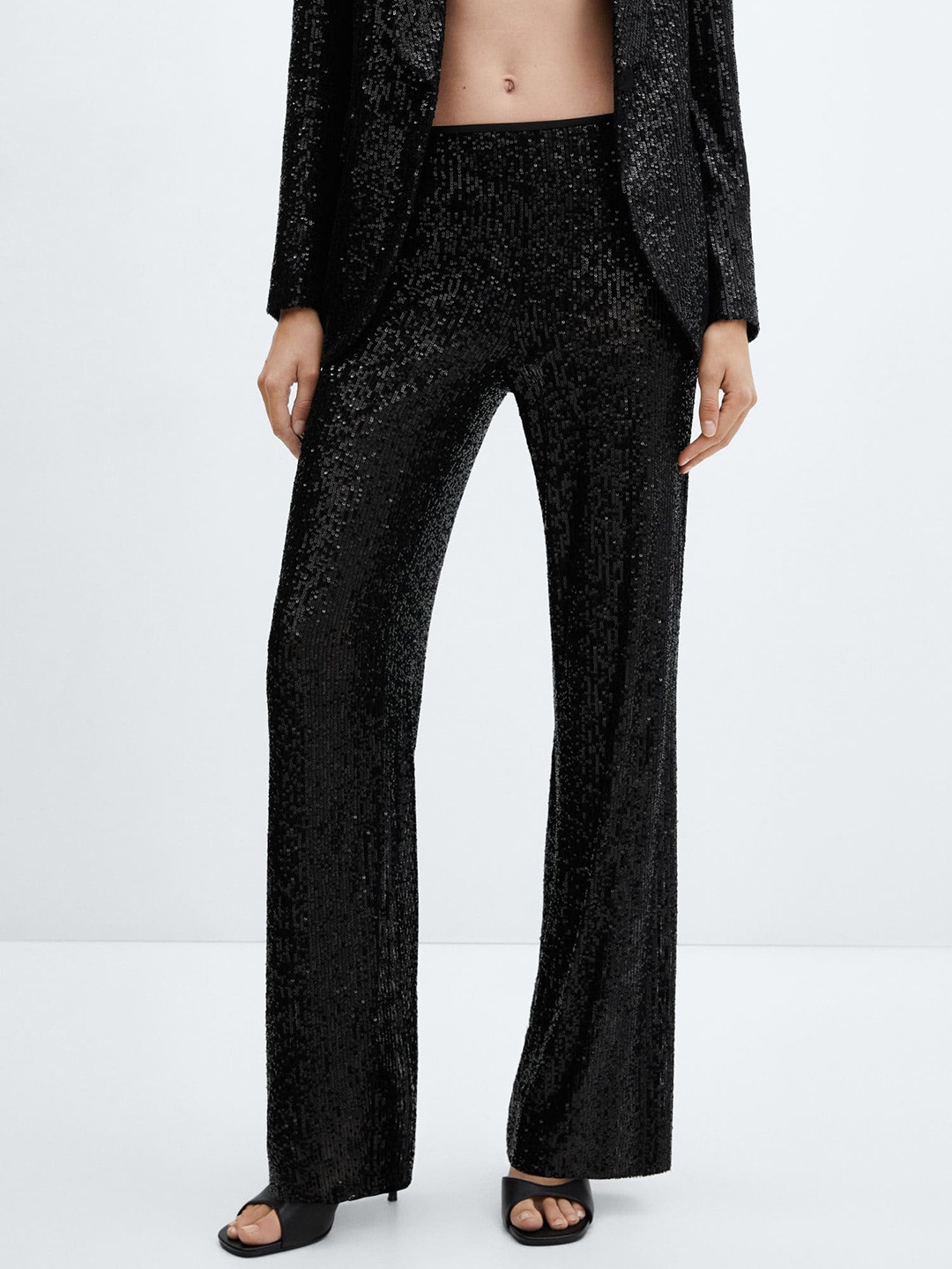 

MANGO Women Wide-Leg Sequinned Trousers, Black