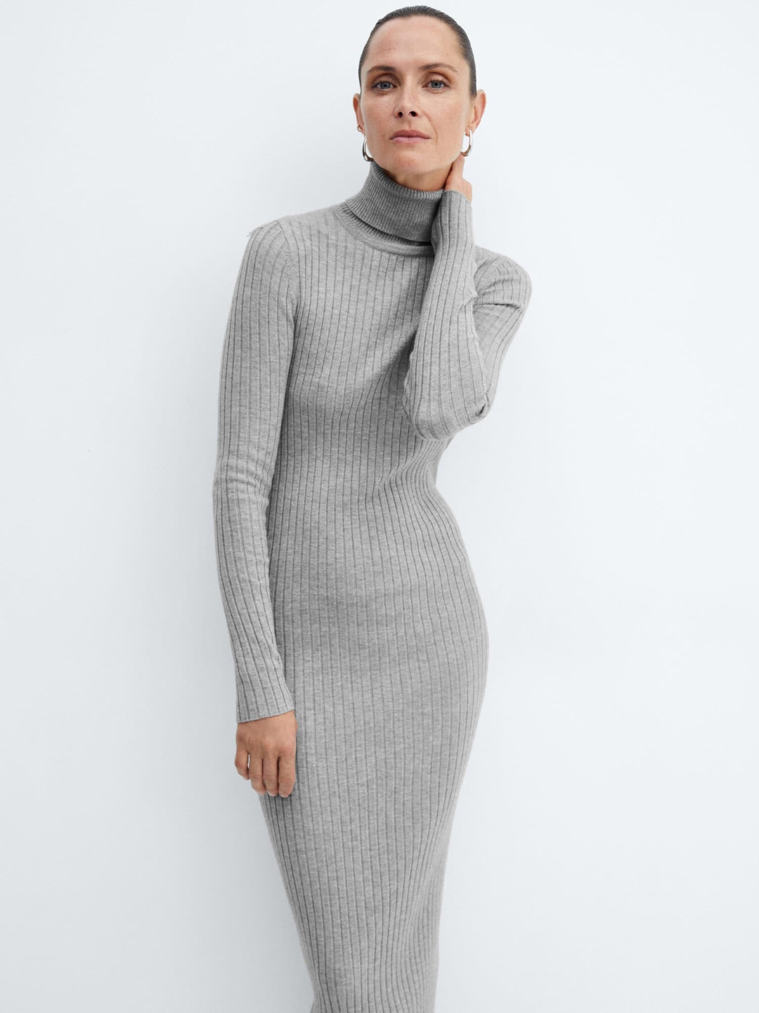 

MANGO Turtleneck Ribbed Midi-dress, Grey