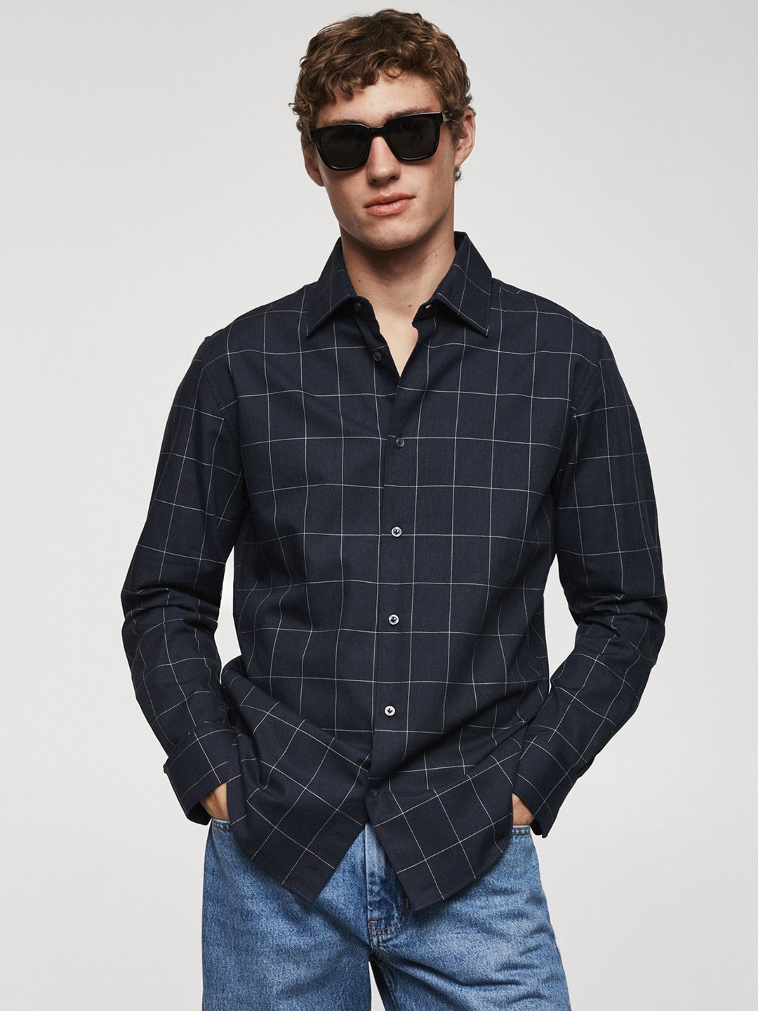 

MANGO MAN Smart Collection Windowpane Checks Cotton Flannel Shirt, Navy blue