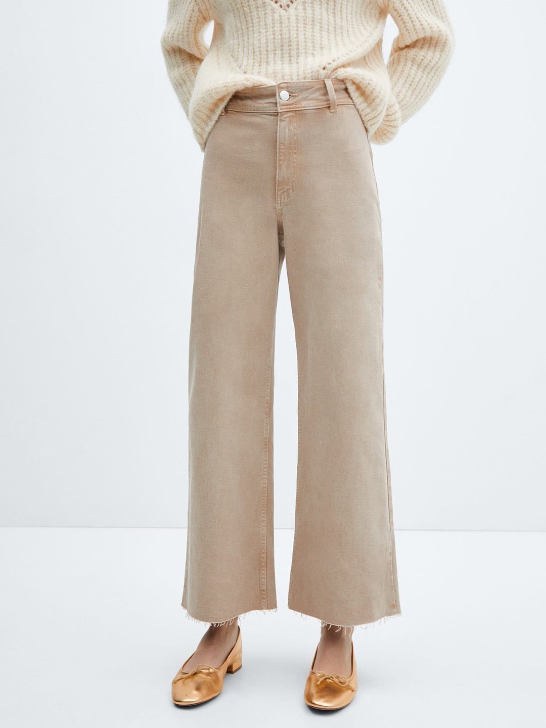

MANGO Women High-Rise Wide Leg Stretchable Jeans, Beige