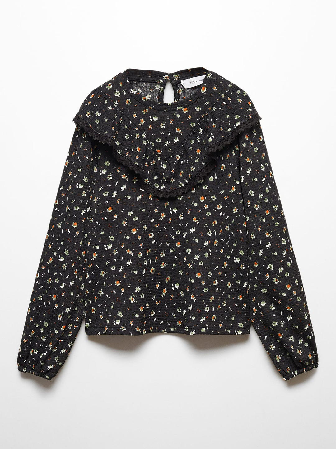 

Mango Kids Floral Print Puff Sleeve Ruffles Top, Black