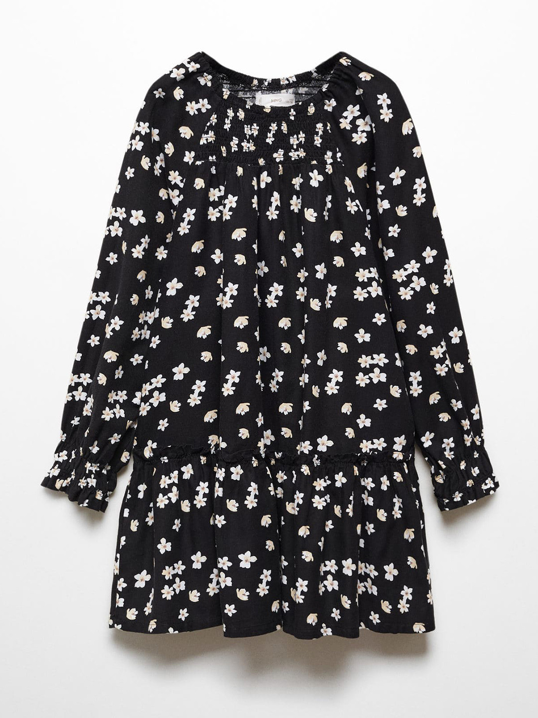 

Mango Kids Floral Print Puff Sleeve 100% Cotton A-Line Dress, Black