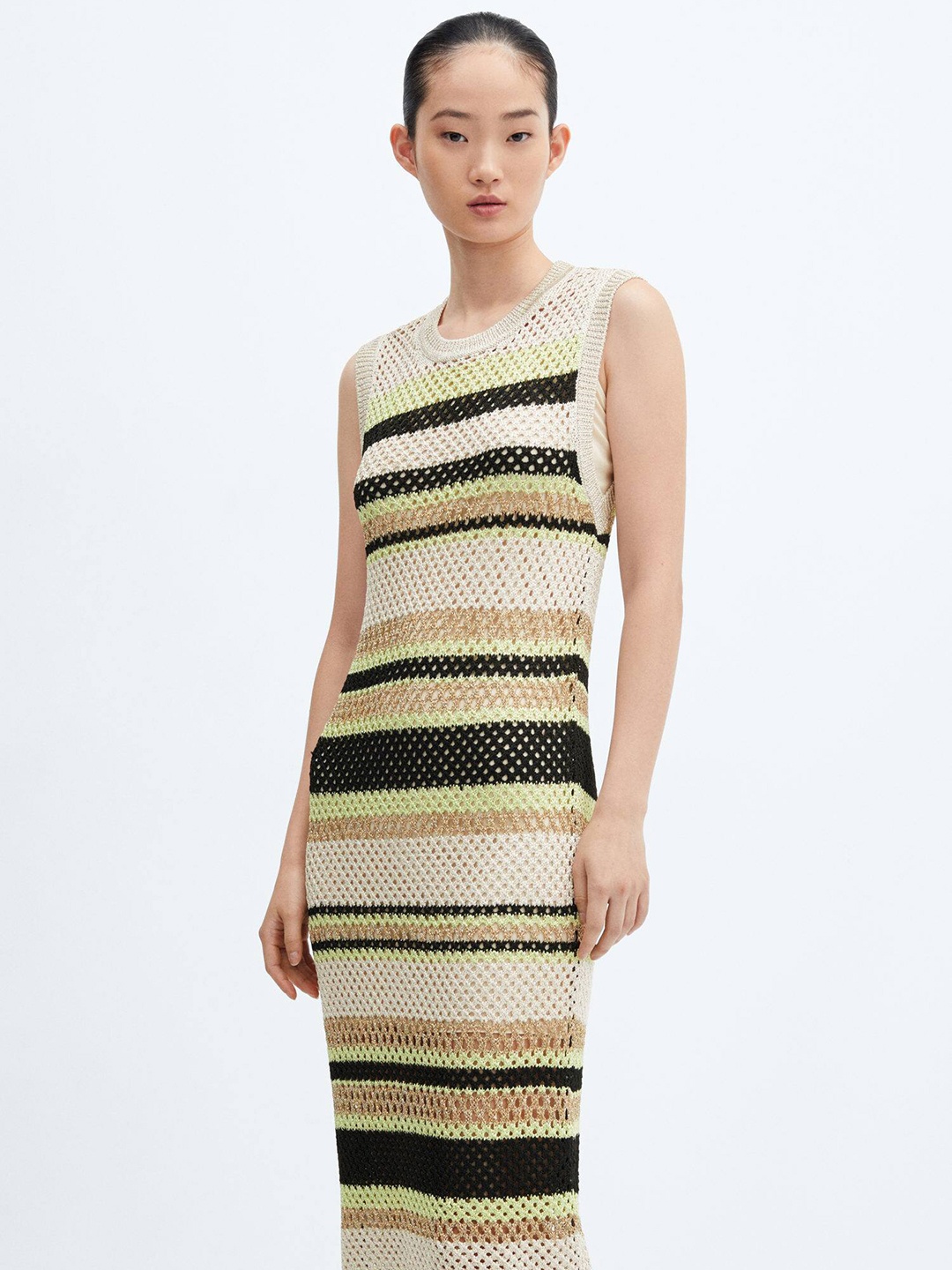 

MANGO Striped Crochet Knitted Bodycon Midi Dress, Beige