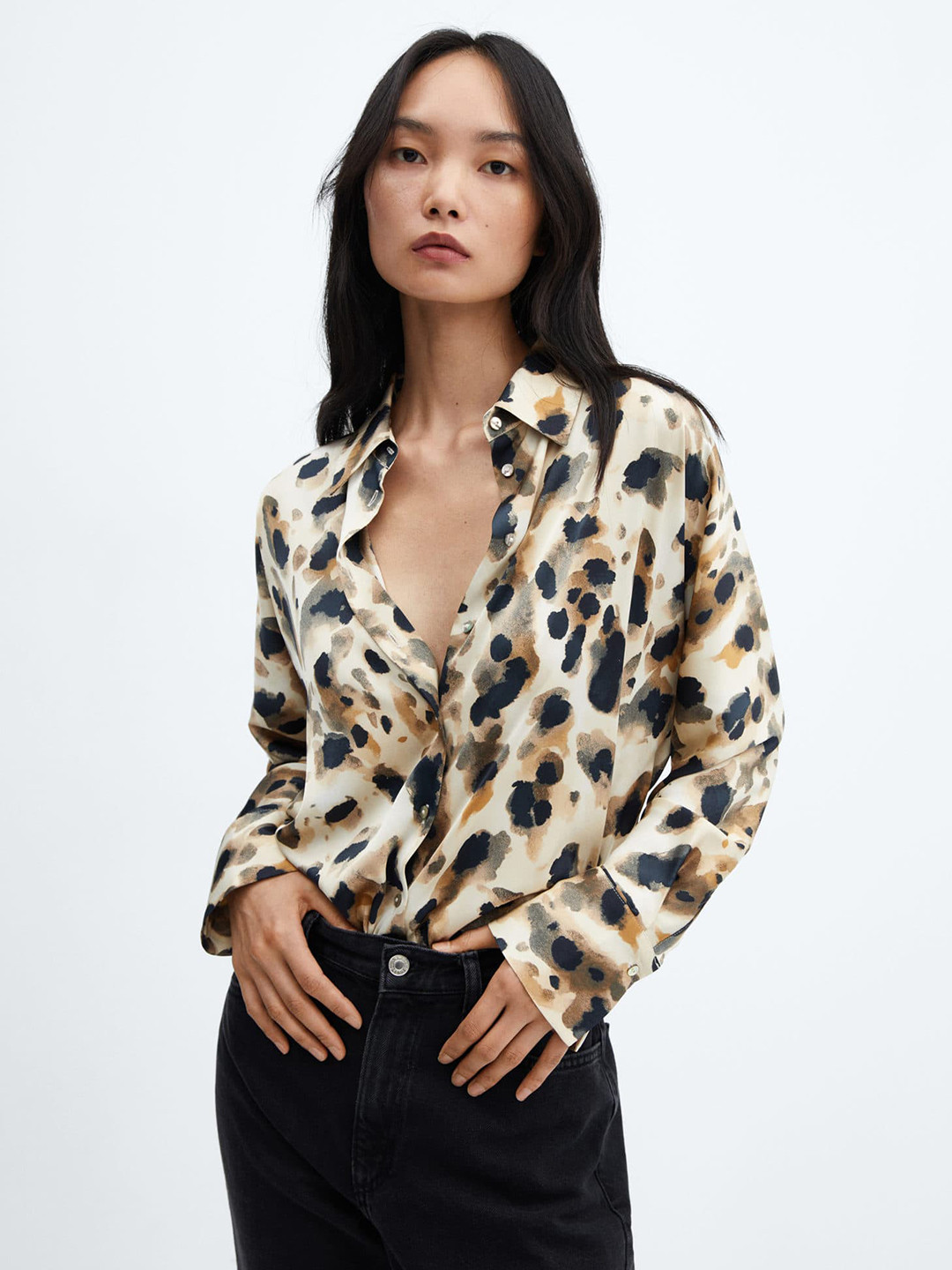 

MANGO Animal Printed Spread Collar Casual Shirt, Black