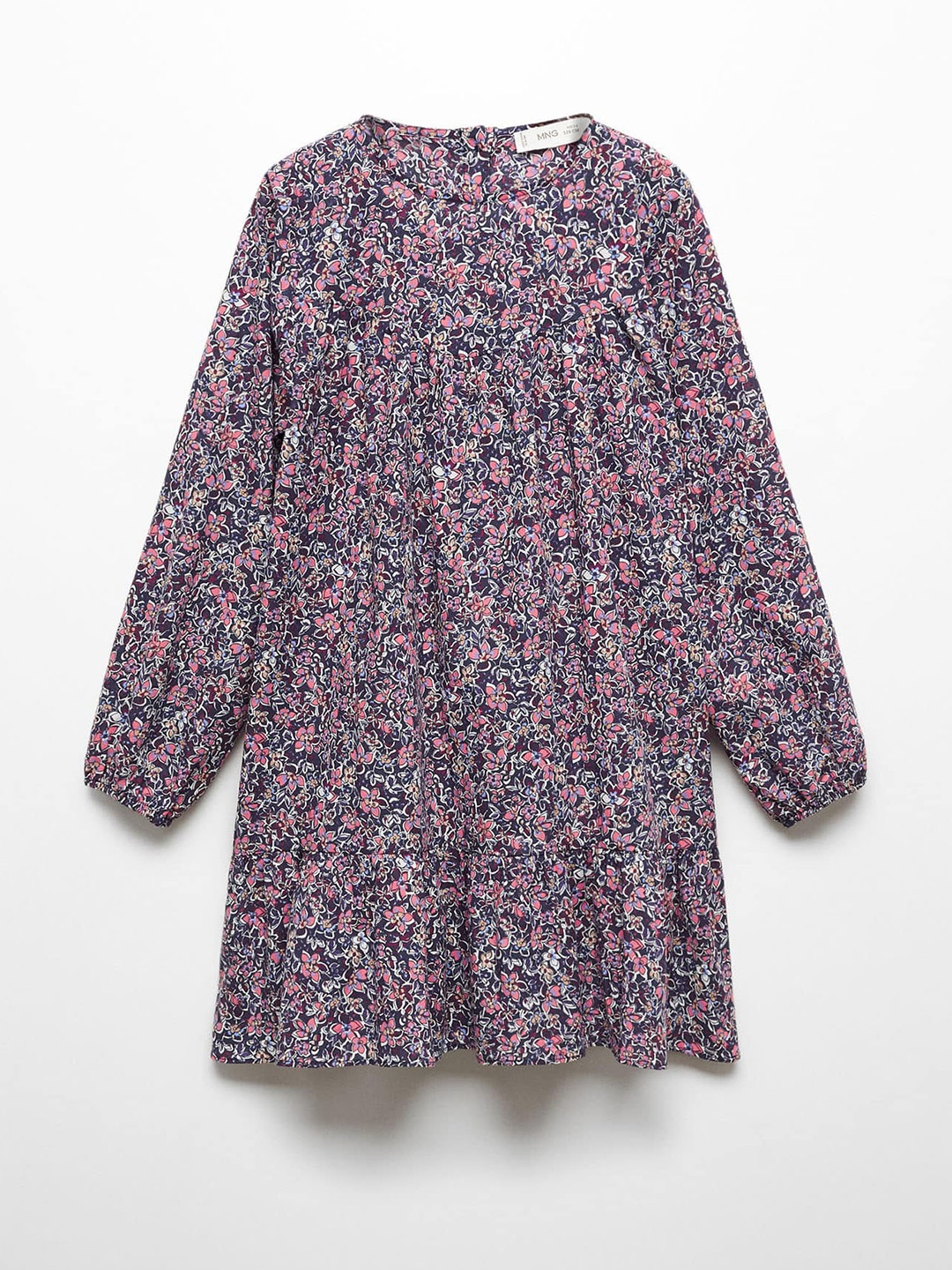 

Mango Kids Floral Print Puff Sleeve 100% Cotton A-Line Dress, Navy blue