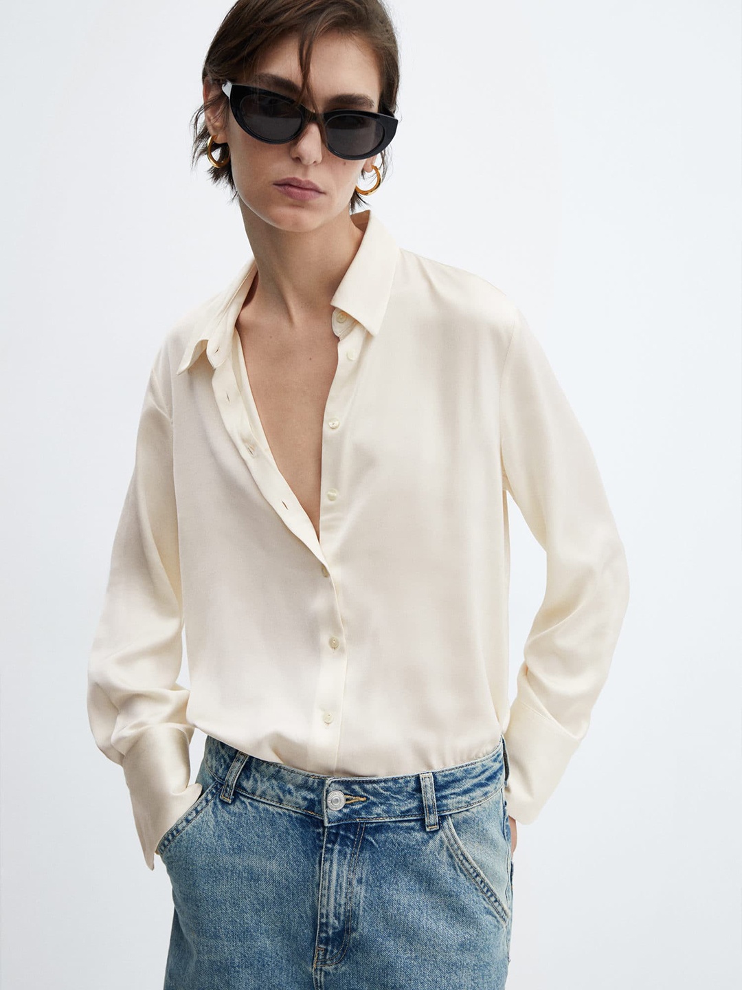 

MANGO Satin Finish Casual Shirt, Cream