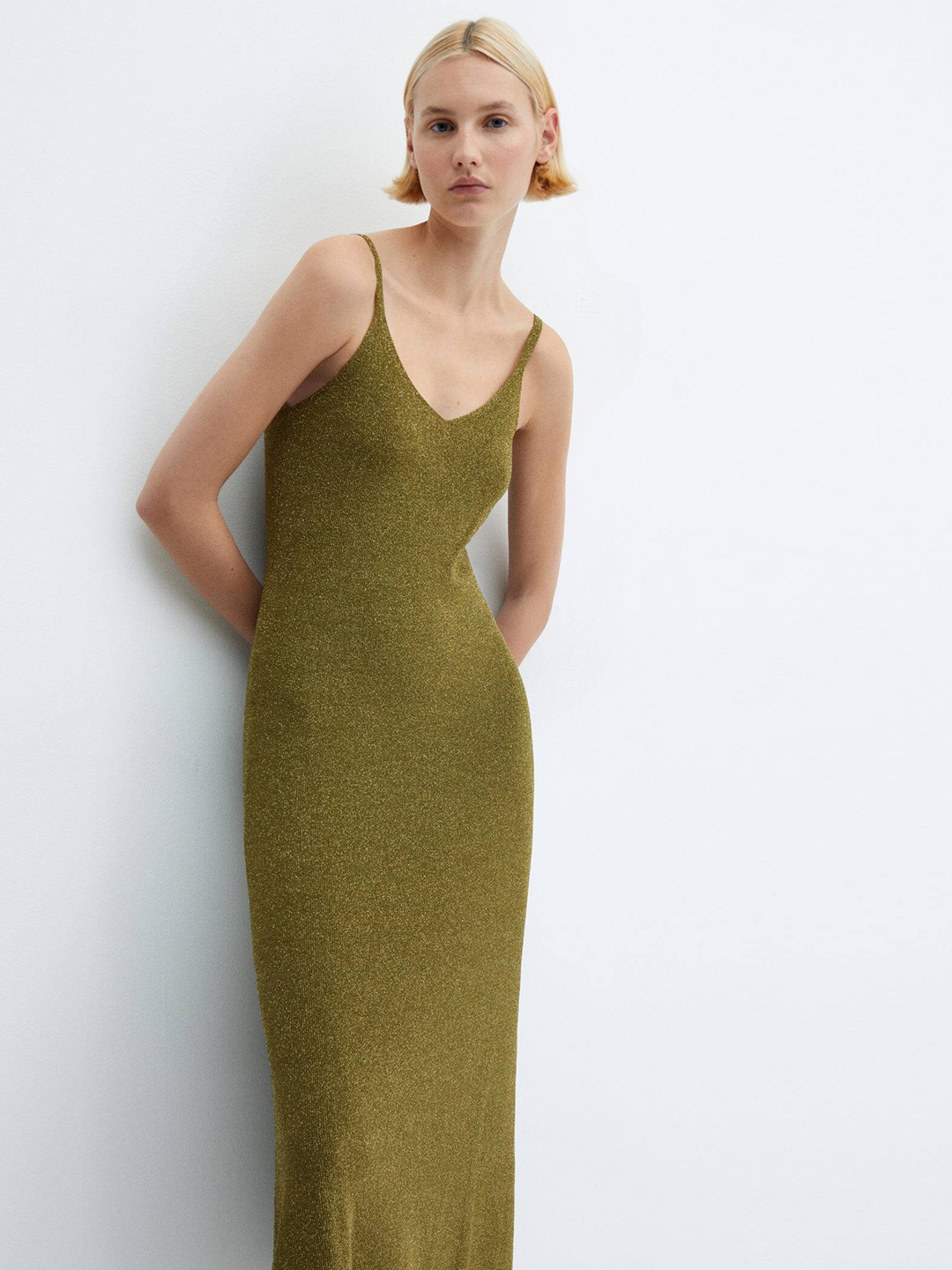 

MANGO Shimmery A-Line Midi Dress, Green