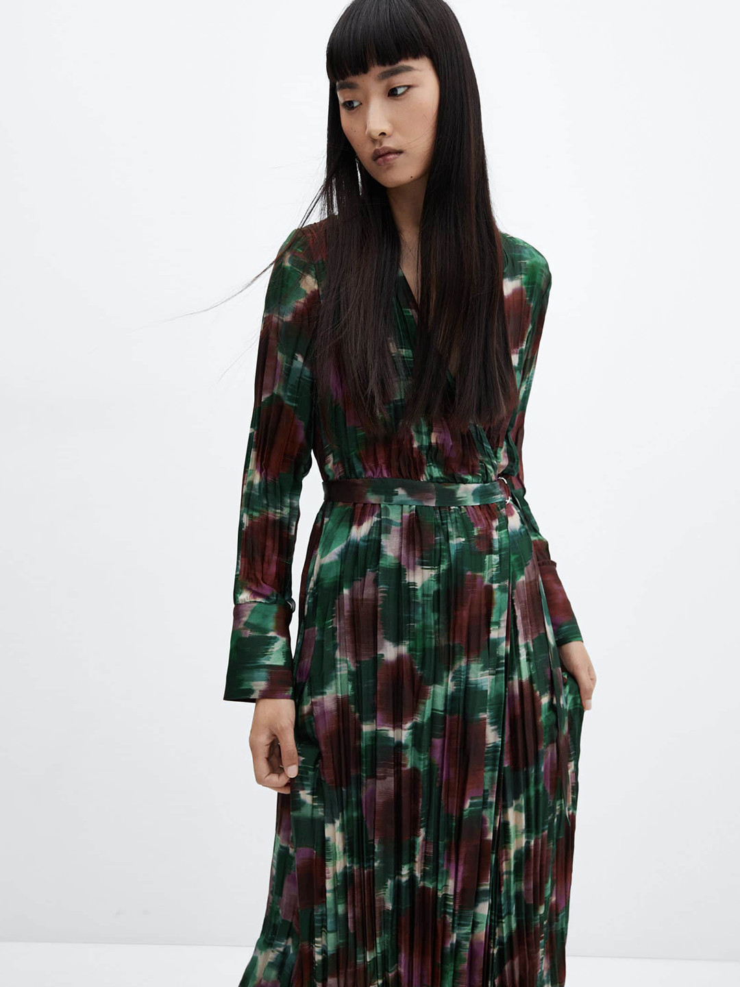 

MANGO Accordion Pleated Wrap Dress, Green