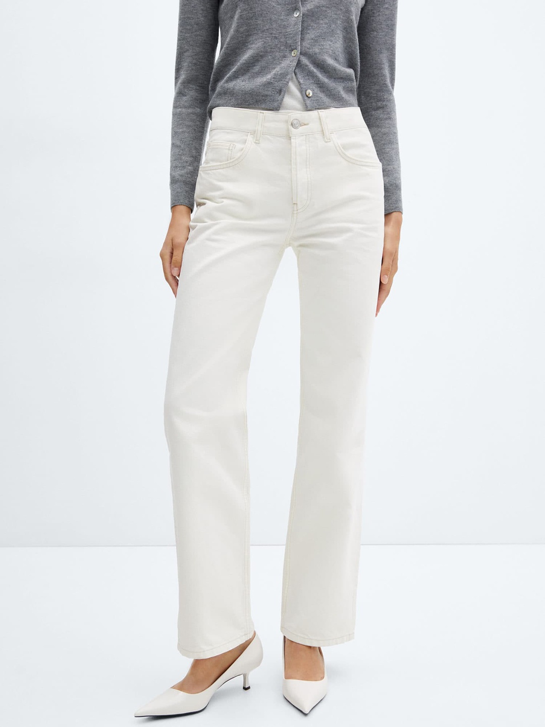 

MANGO Women Pure Cotton Straight Fit Jeans, White
